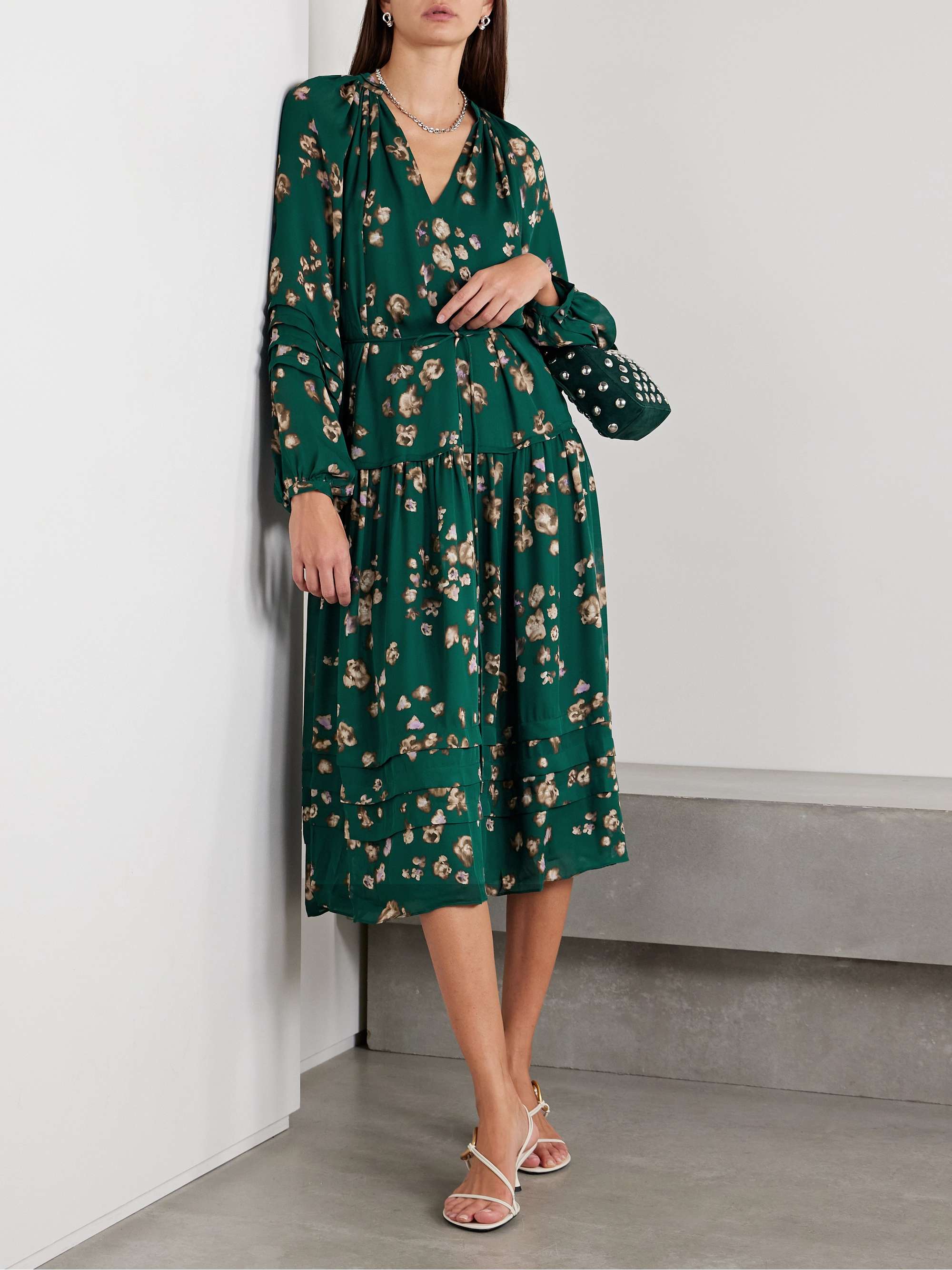 Belted floral-print silk crepe de chine midi dress view