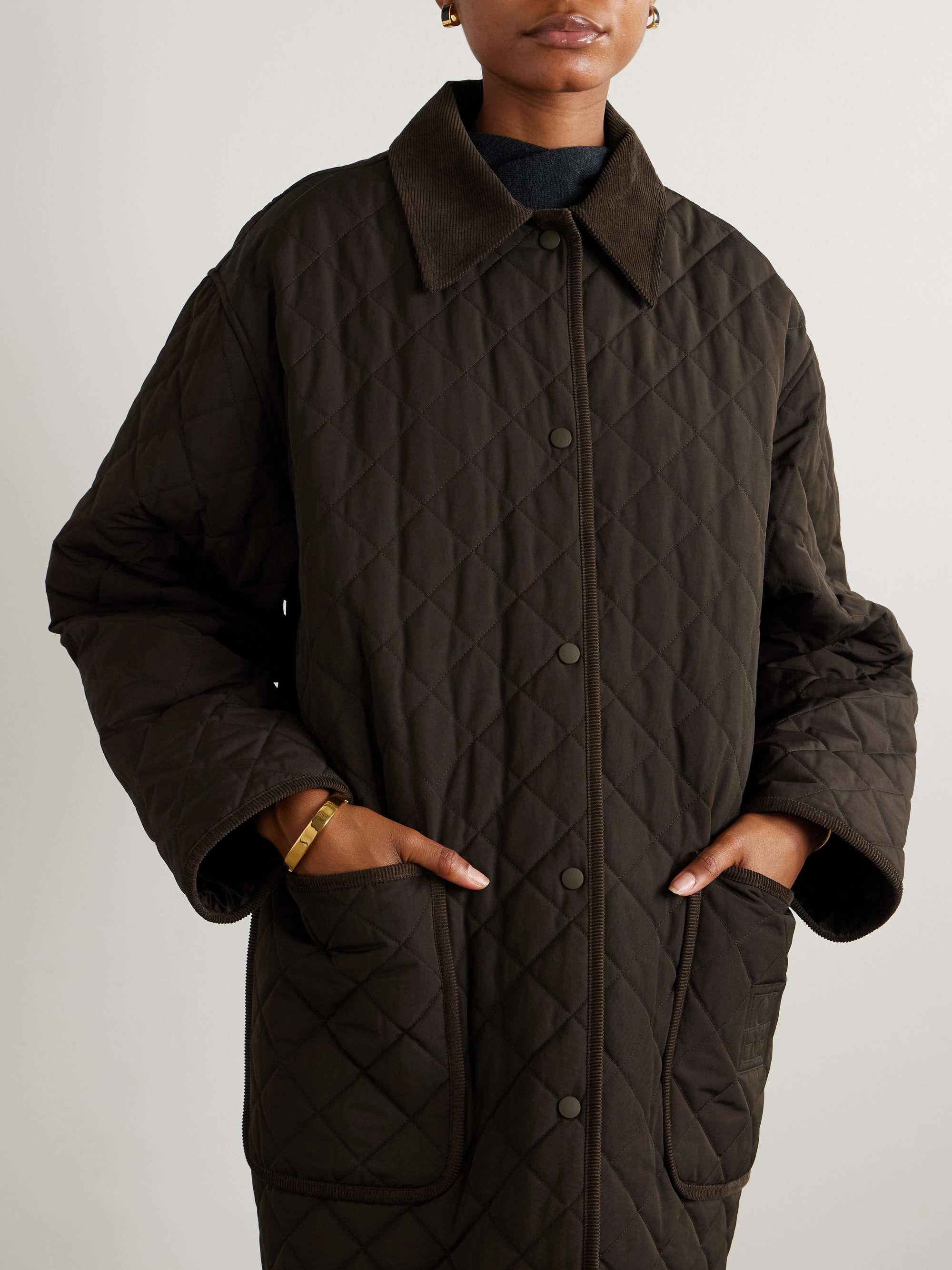 Oversized corduroy-trimmed quilted organic cotton-blend jacket view