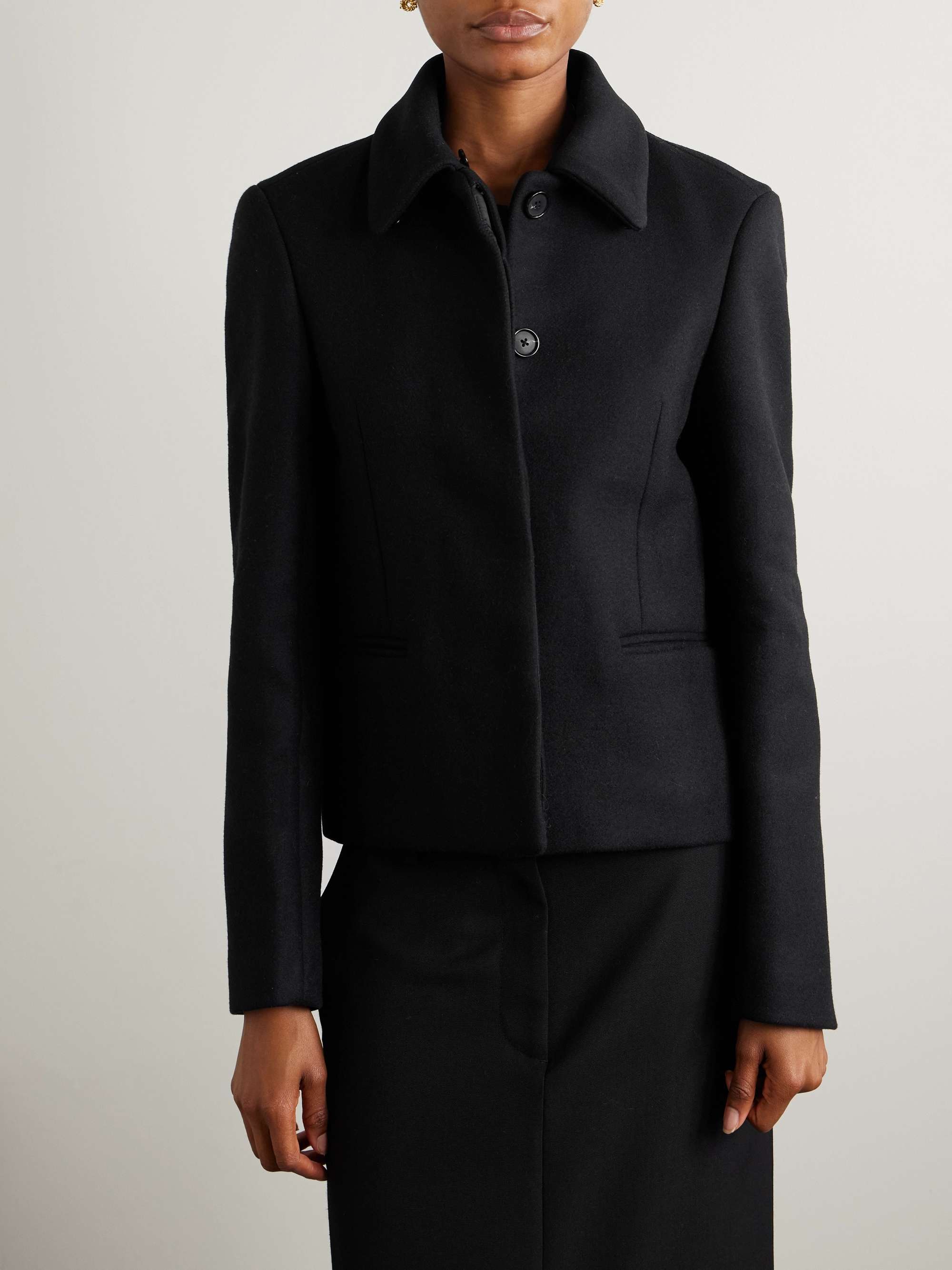 Shearling-trimmed recycled wool-blend jacket view