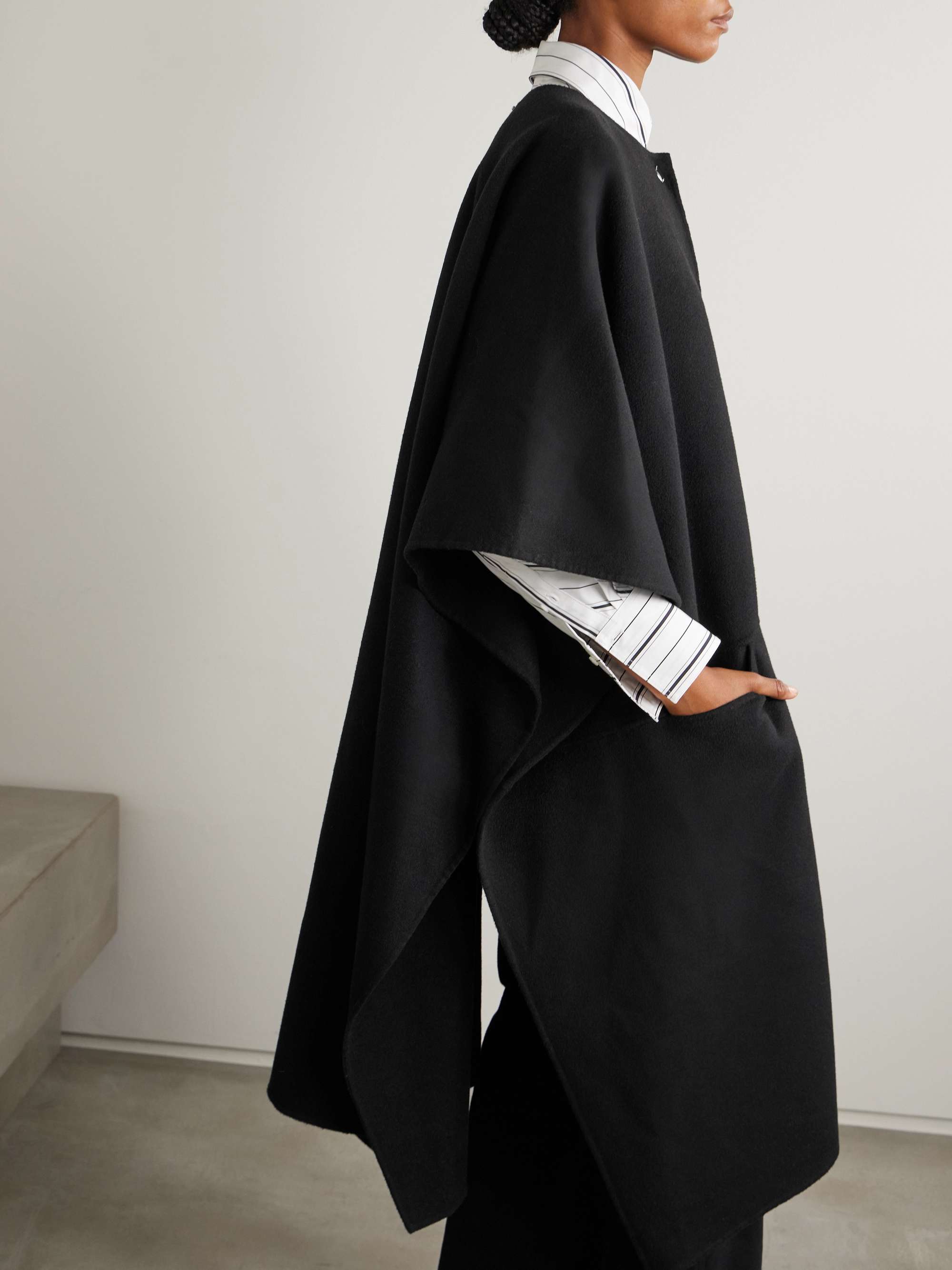 Cape-effect tie-neck wool coat view