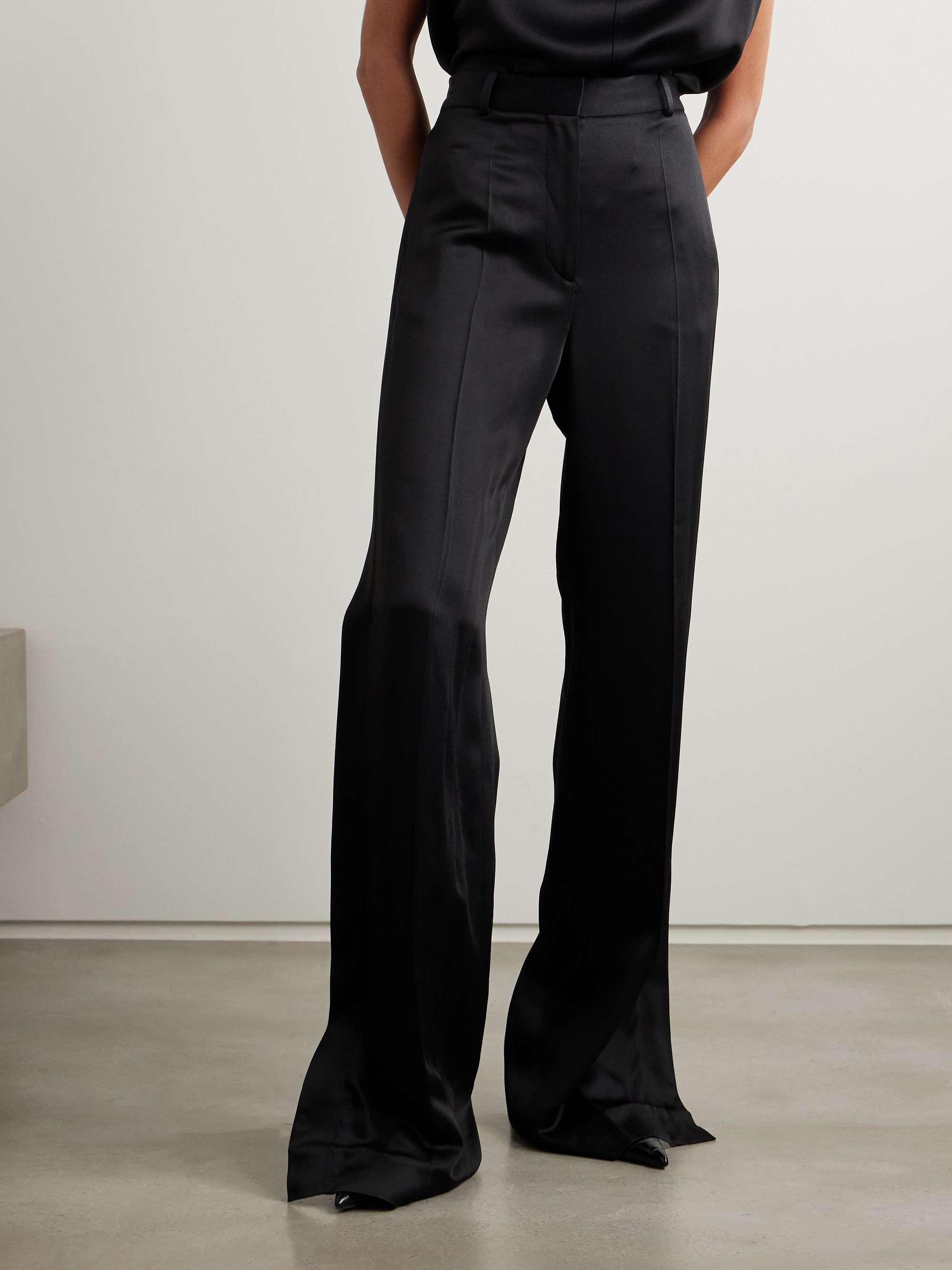 Pleated satin-trimmed crepe straight-leg pants view