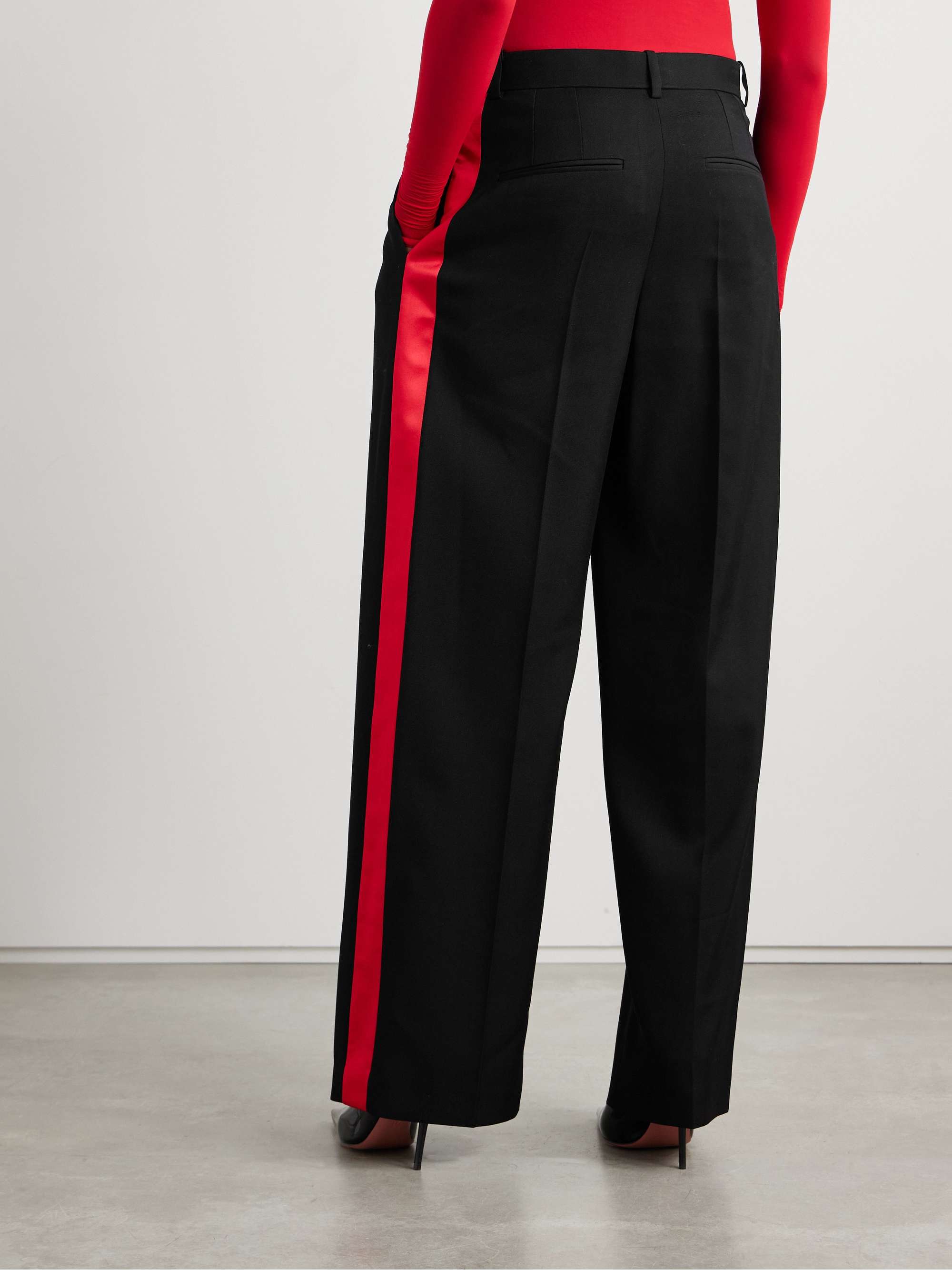 Pleated silk-satin trimmed wool-piqué wide-leg pants view