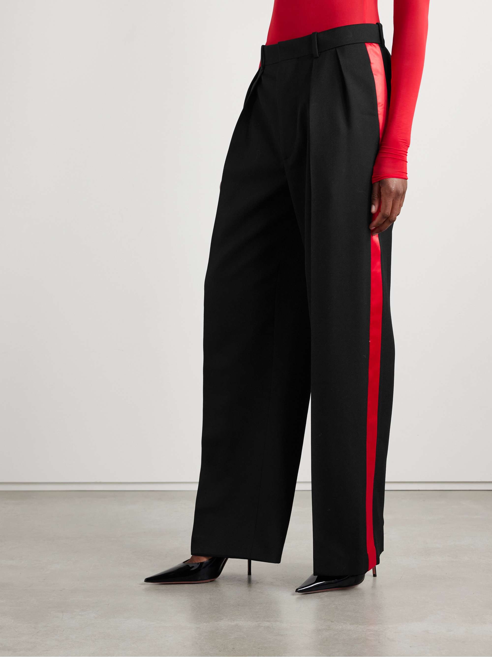 Pleated silk-satin trimmed wool-piqué wide-leg pants view