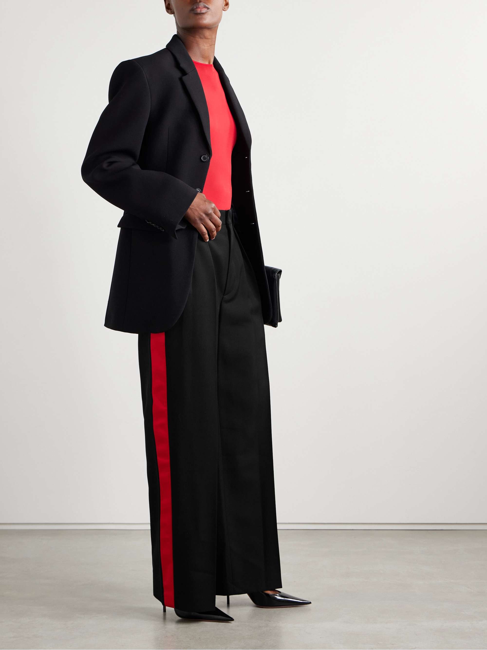 Pleated silk-satin trimmed wool-piqué wide-leg pants view
