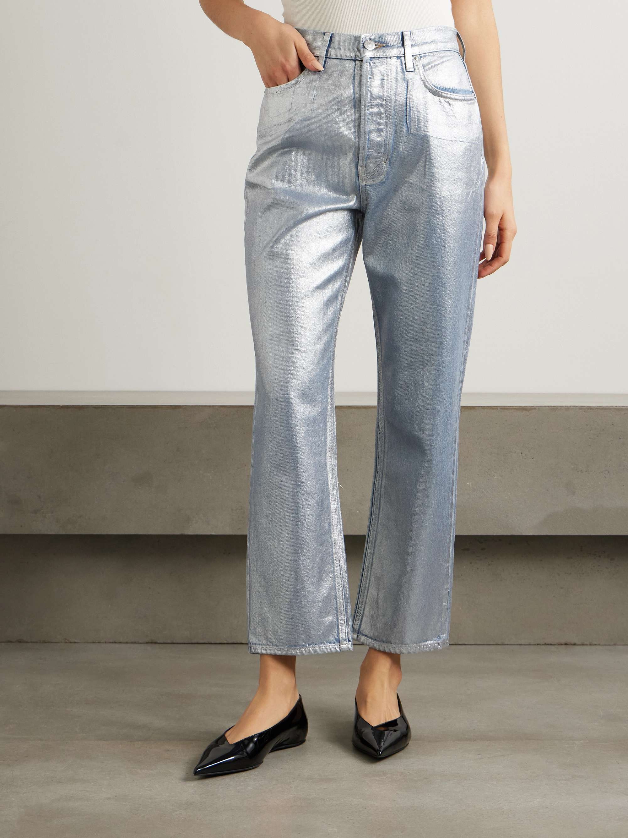 Daniela high-rise straight-leg metallic coated jeans view
