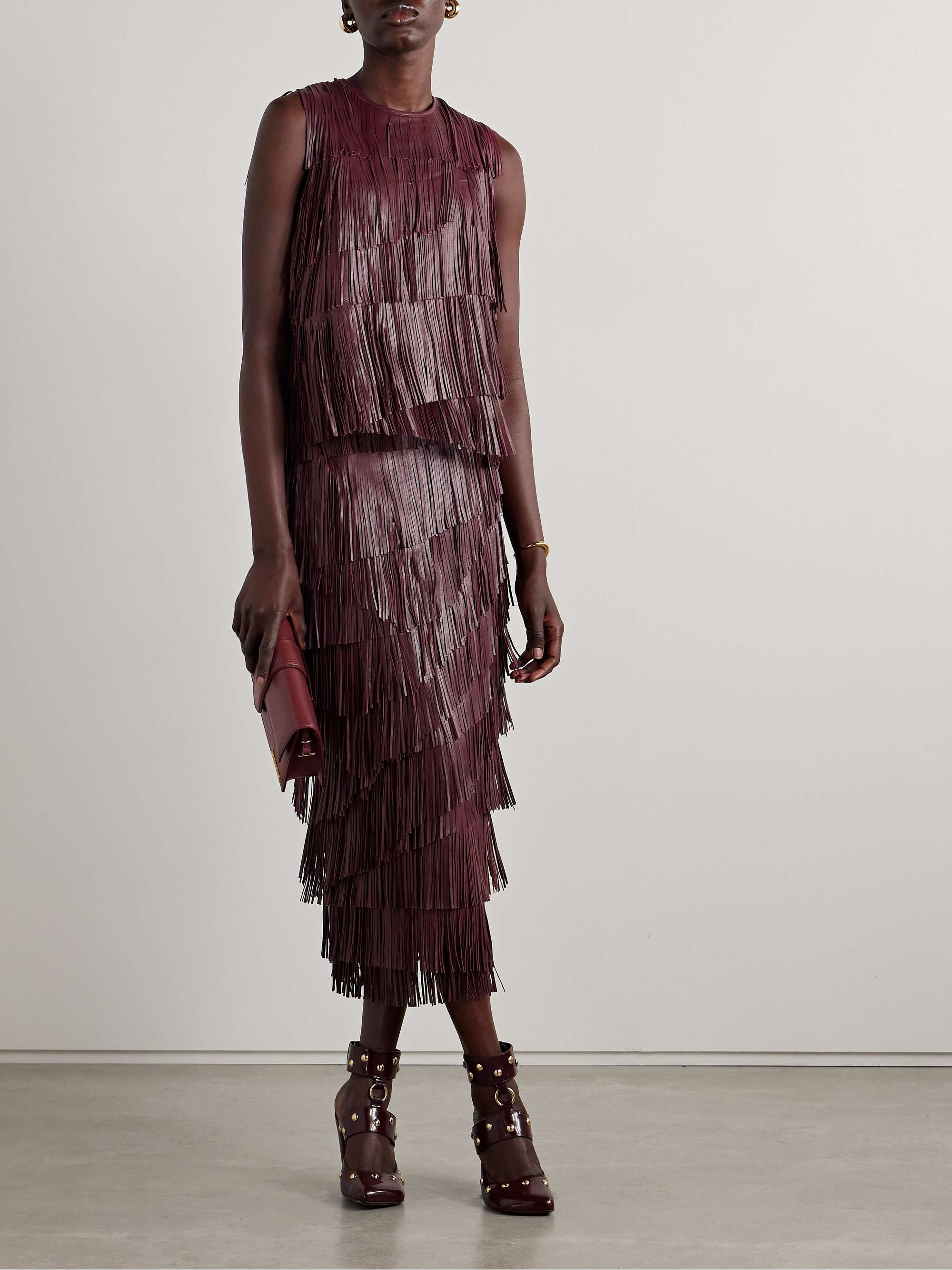 Leonie tiered fringed leather top view