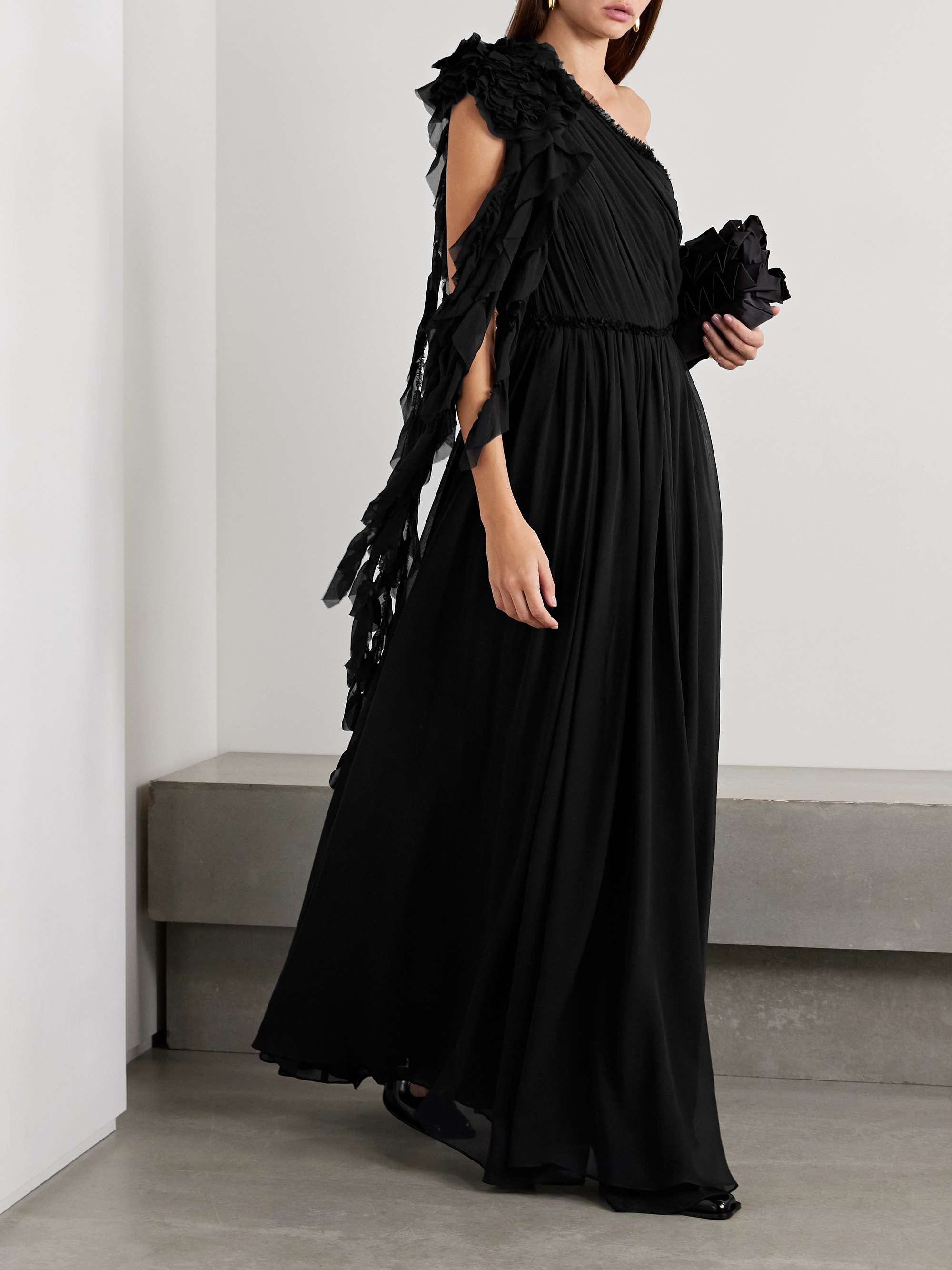 Adona one-shoulder ruffled gathered silk-chiffon gown view