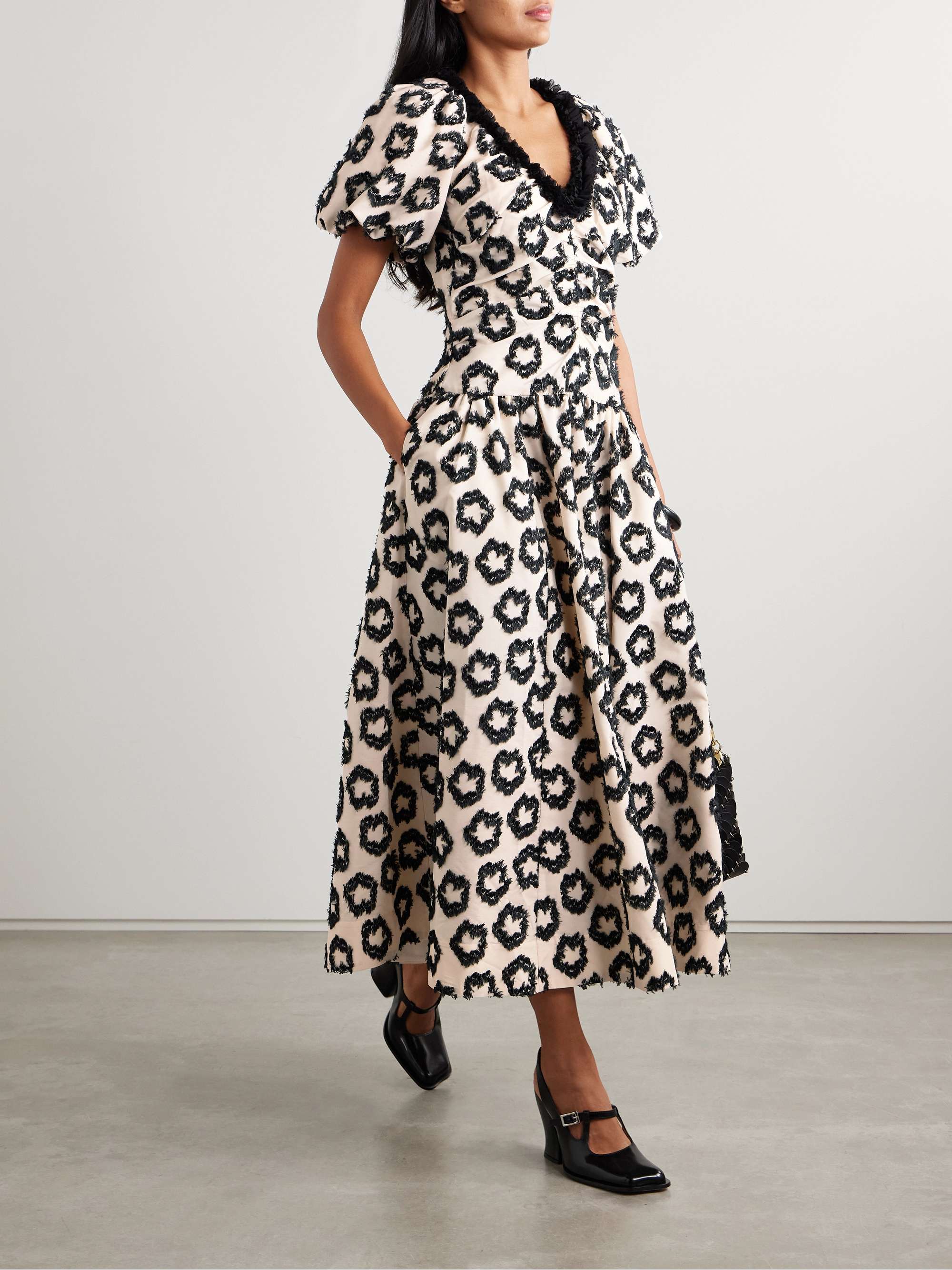 Violeta chiffon-trimmed ruched fil coupé recycled-faille midi dress view