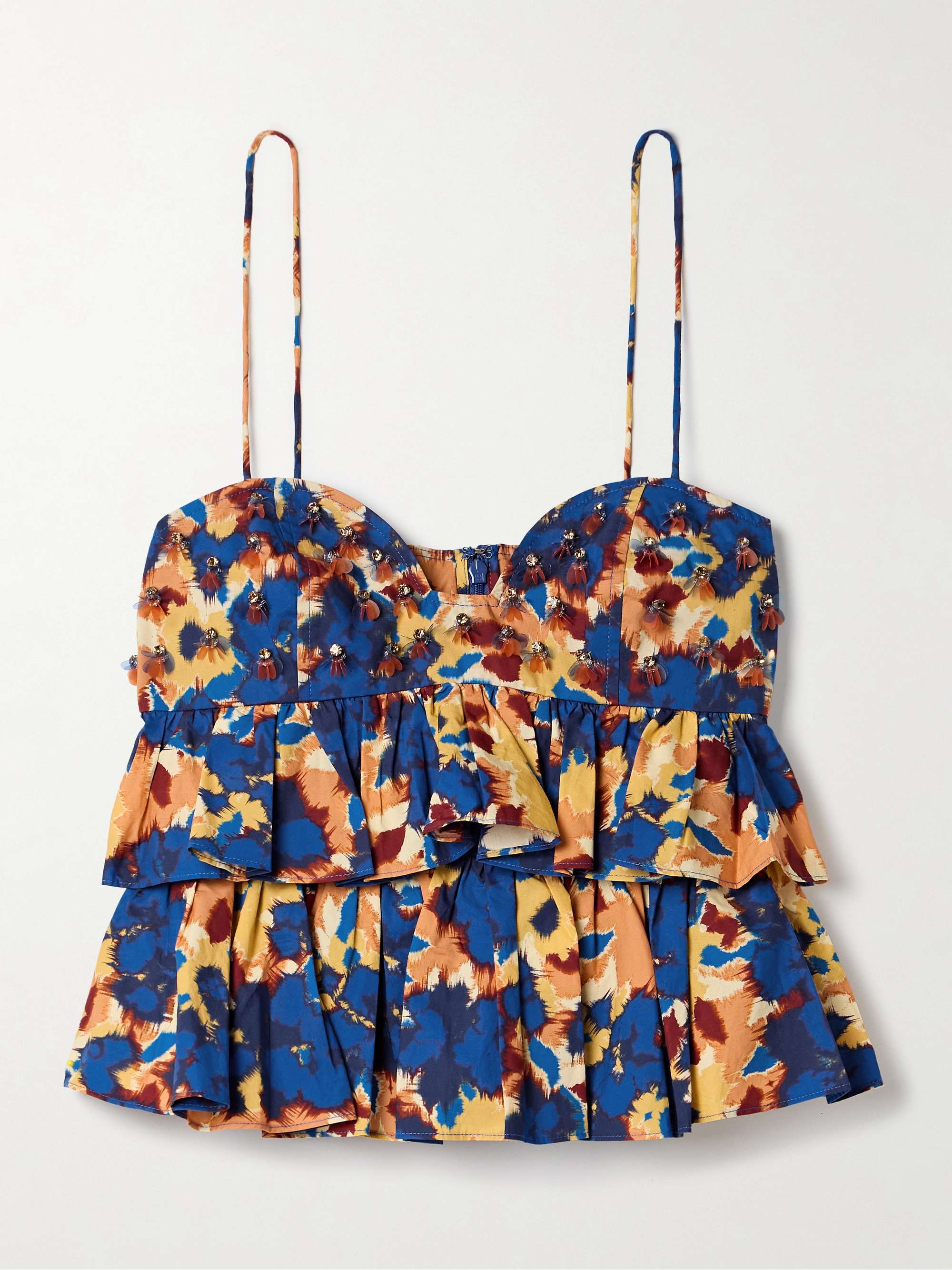 Lucia ruffled embellished printed cotton-poplin top view