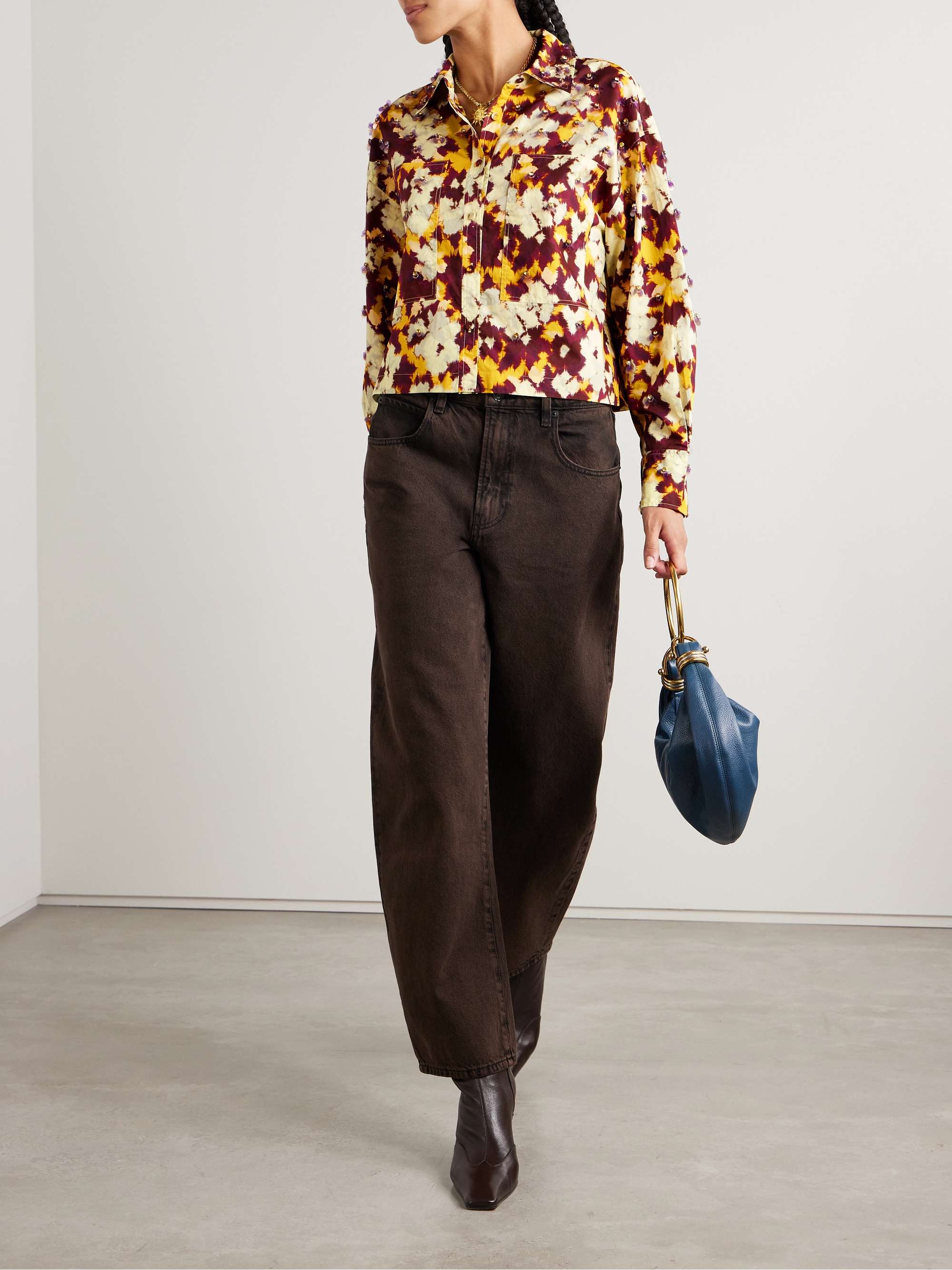 Aria embellished printed cotton-poplin shirt view