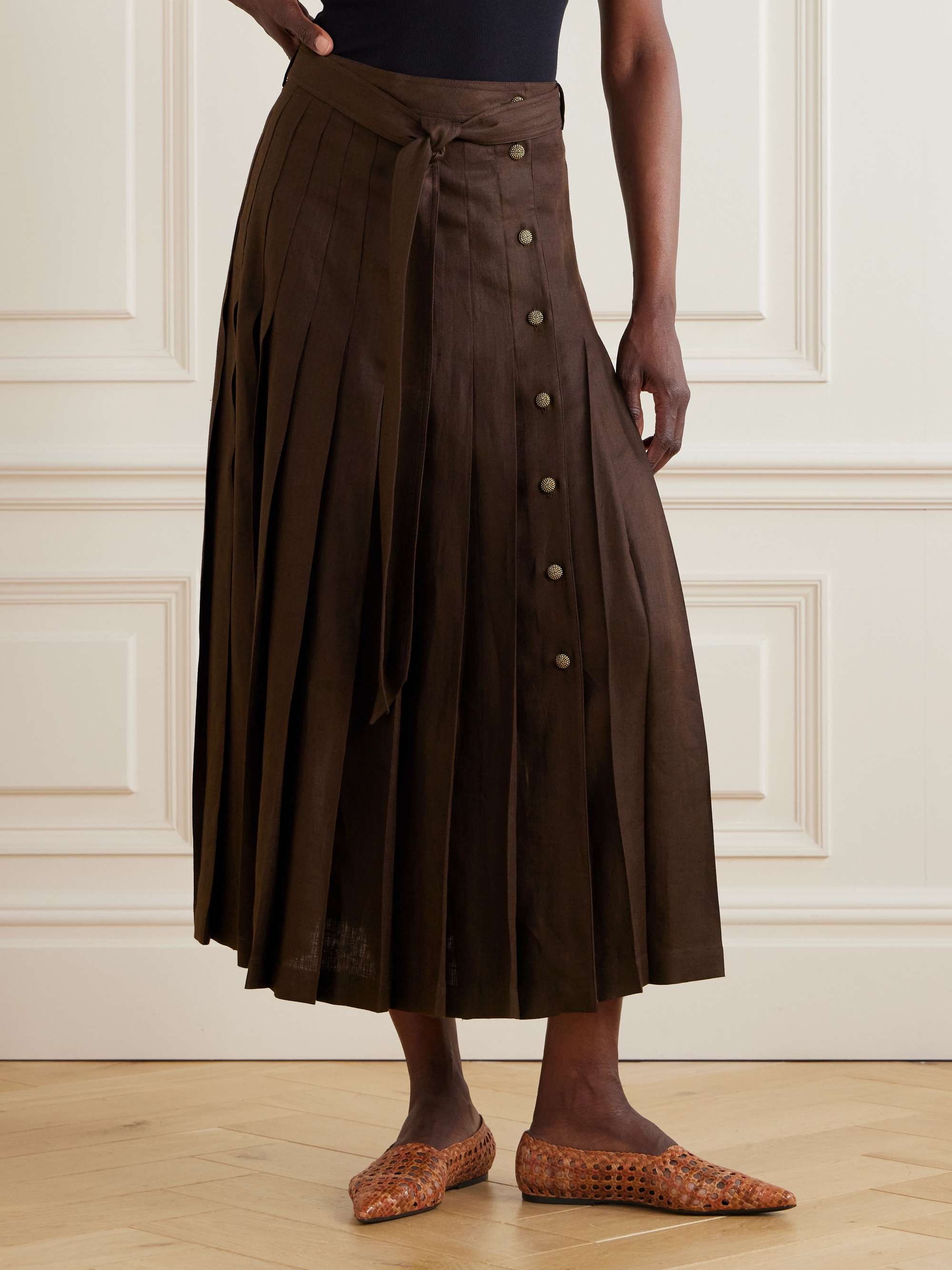 Yasmina belted pleated linen-twill wrap skirt view