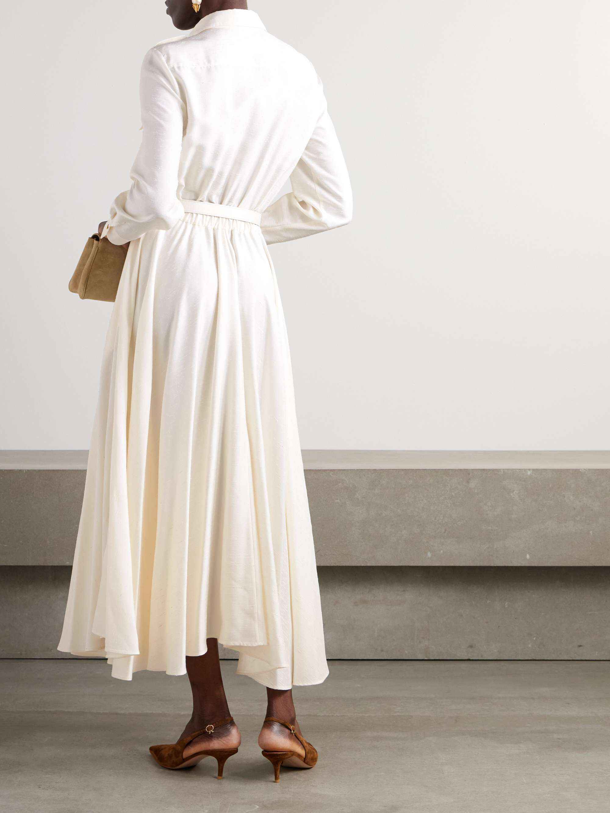 Lela belted leather-trimmed silk-shantung midi shirt dress view