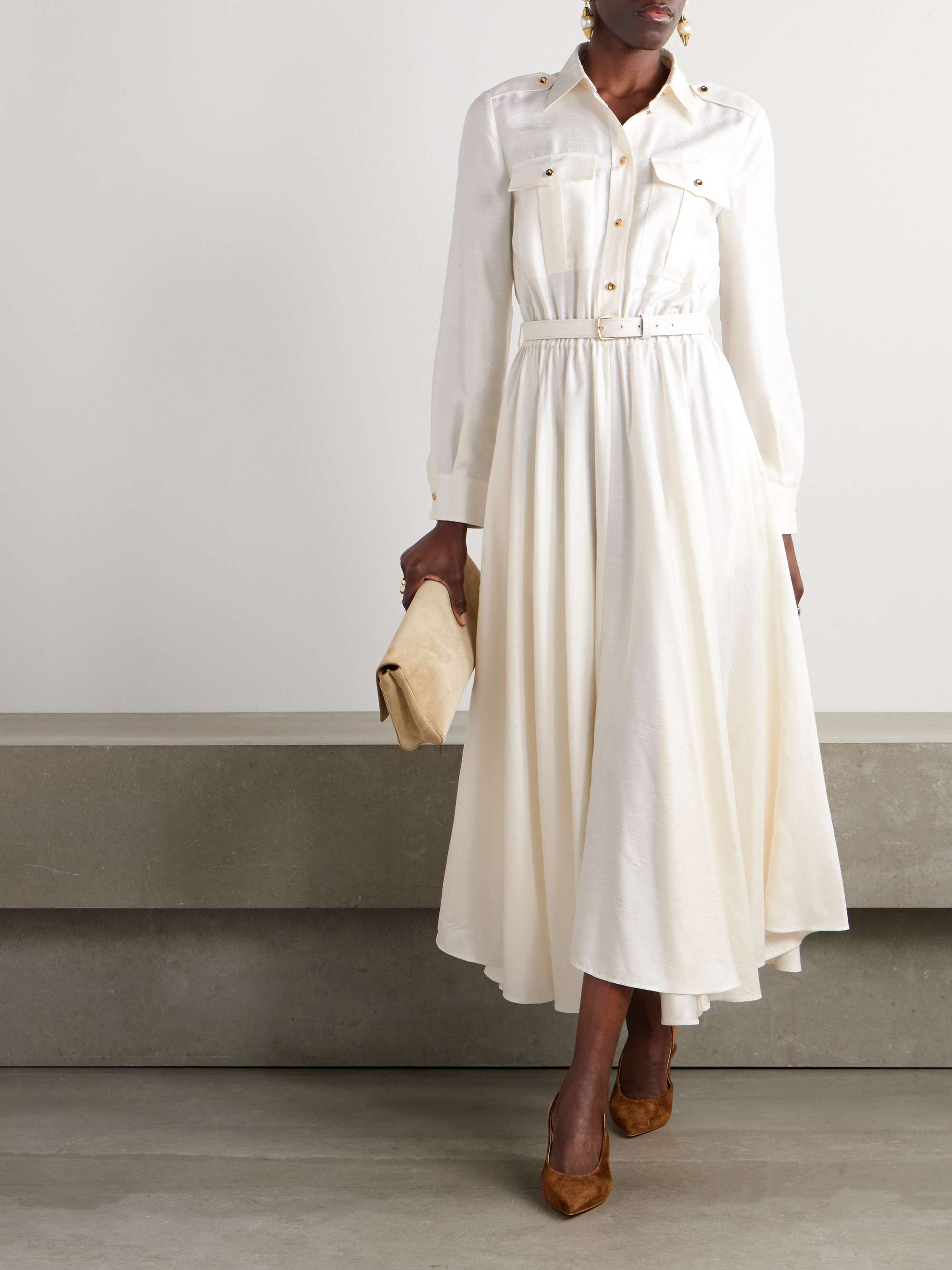 Lela belted leather-trimmed silk-shantung midi shirt dress view