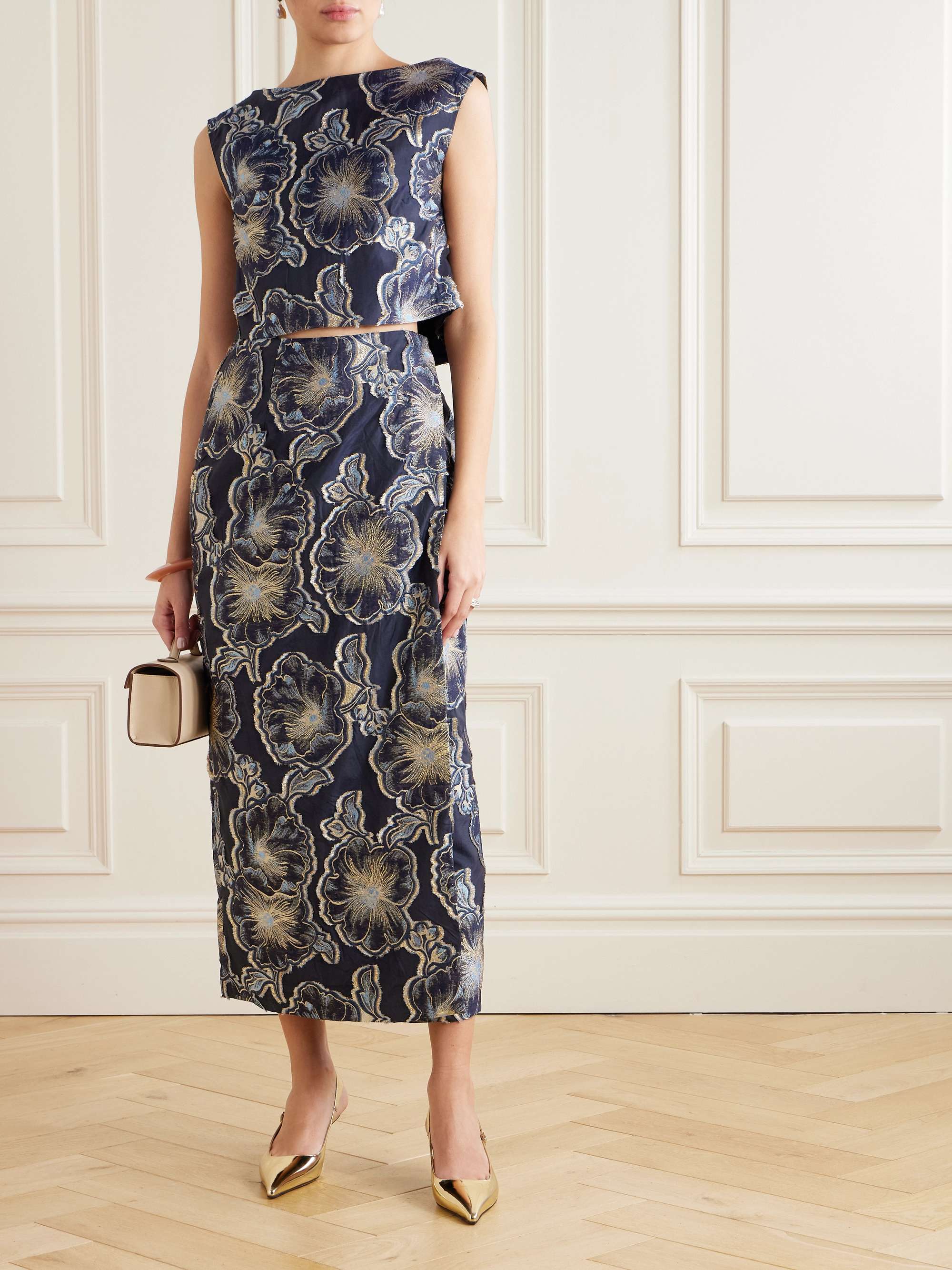 Vera Barocco wrap-effect metallic fil coupé midi skirt view