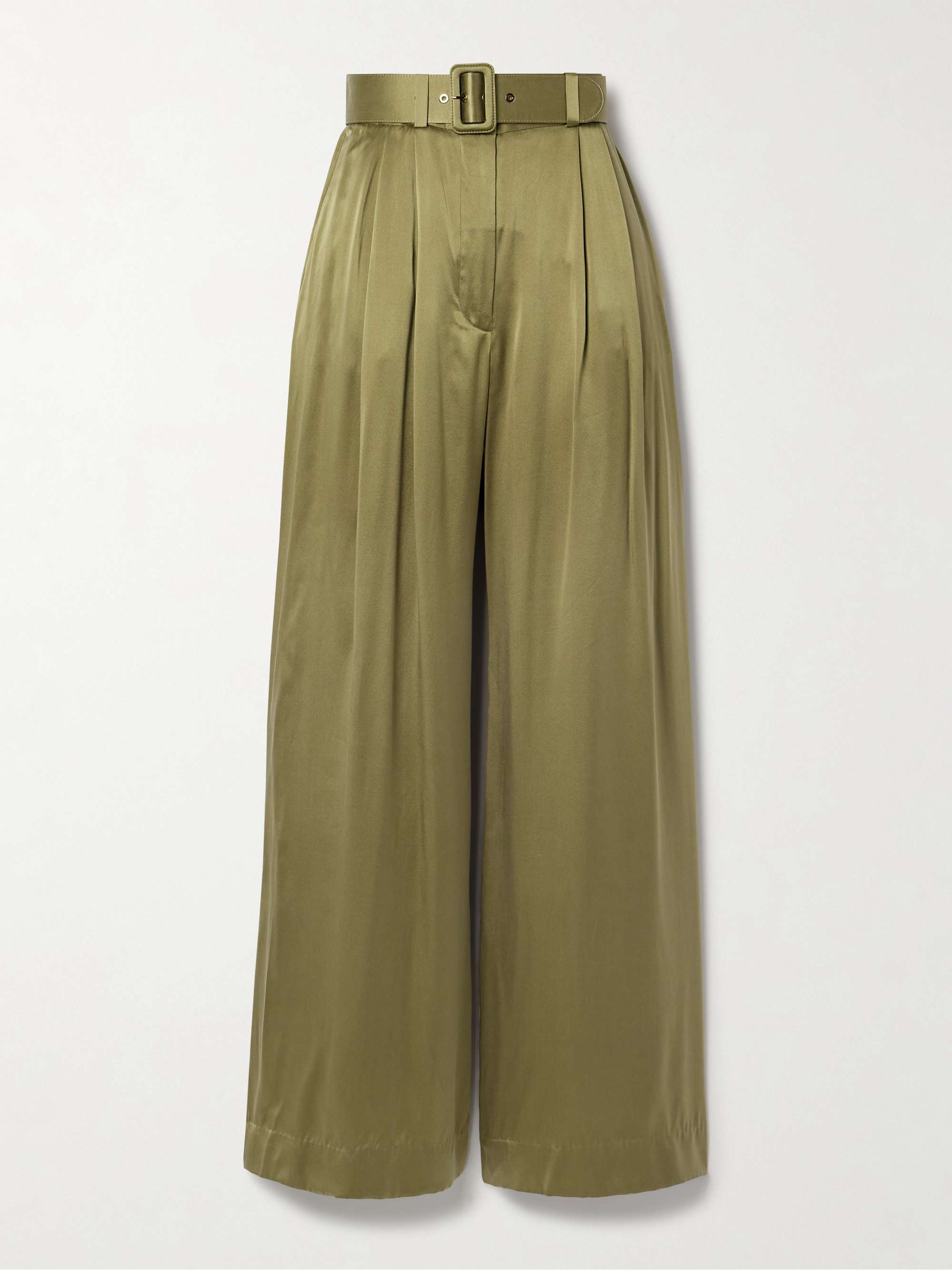 Belted pleated silk-satin wide-leg pants view
