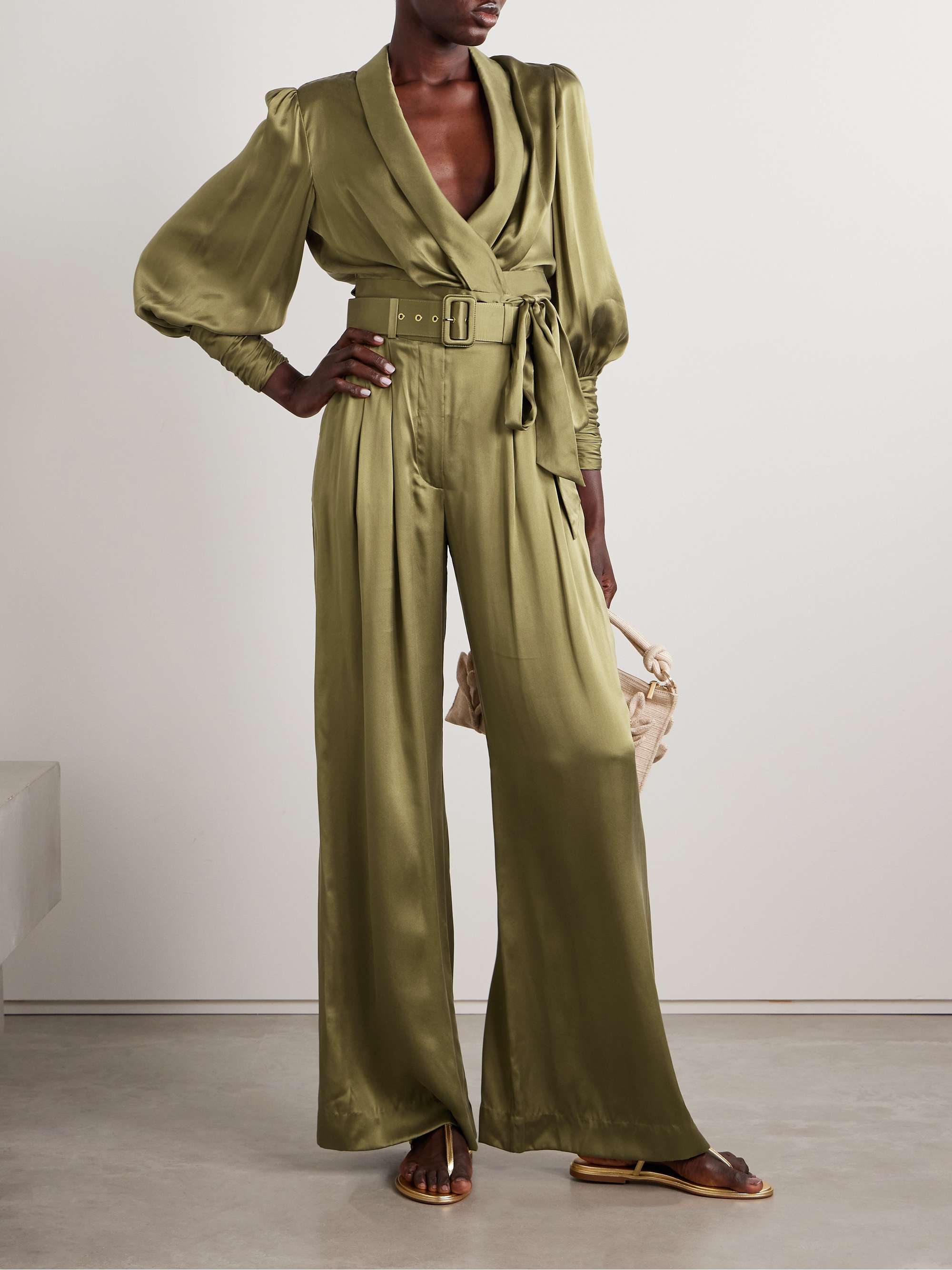 Belted pleated silk-satin wide-leg pants view