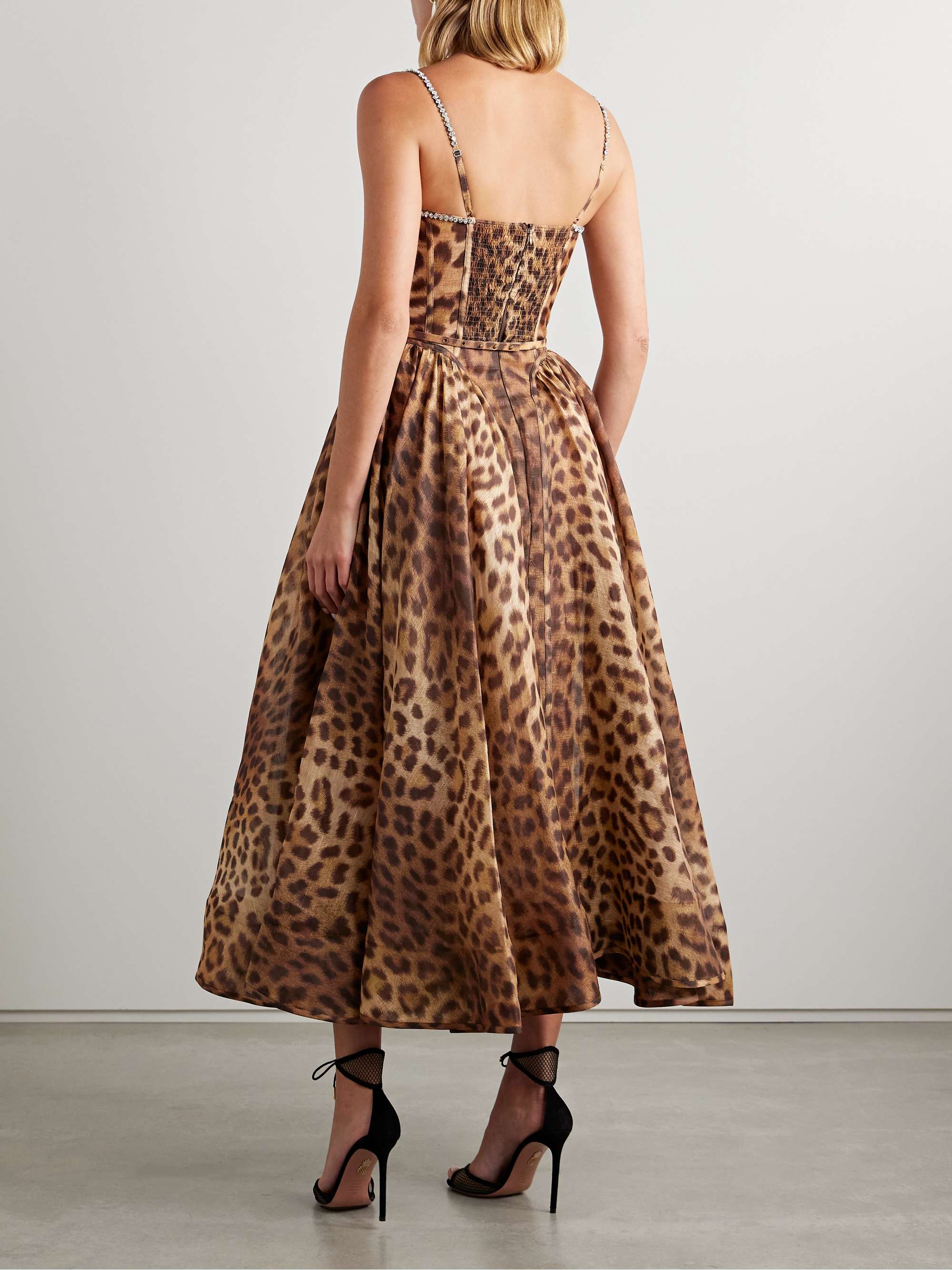 Crush belted crystal-embellished leopard-print linen and silk-blend organza midi dress view