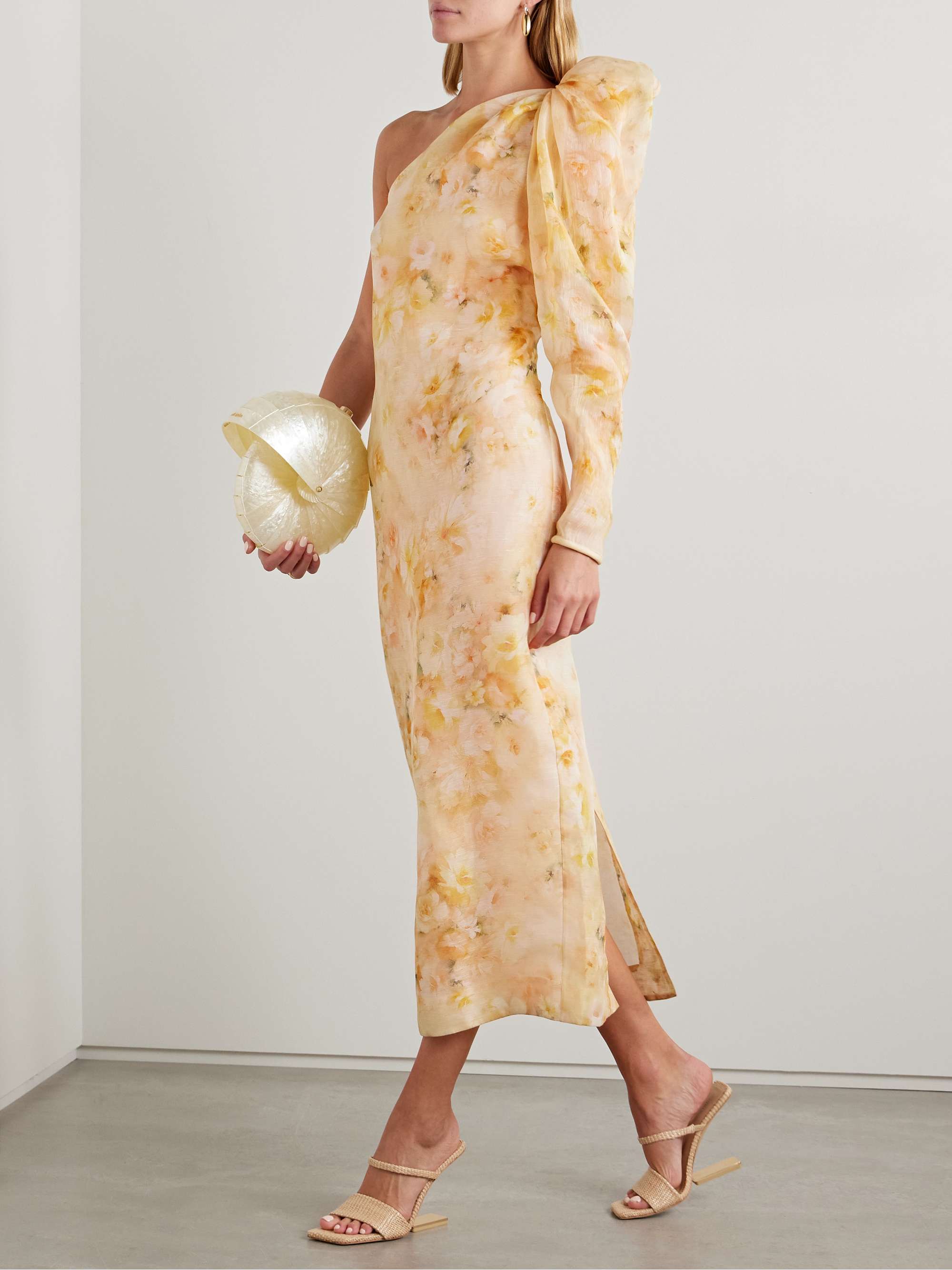 Crush one-sleeve floral-print linen and silk-blend midi dress view