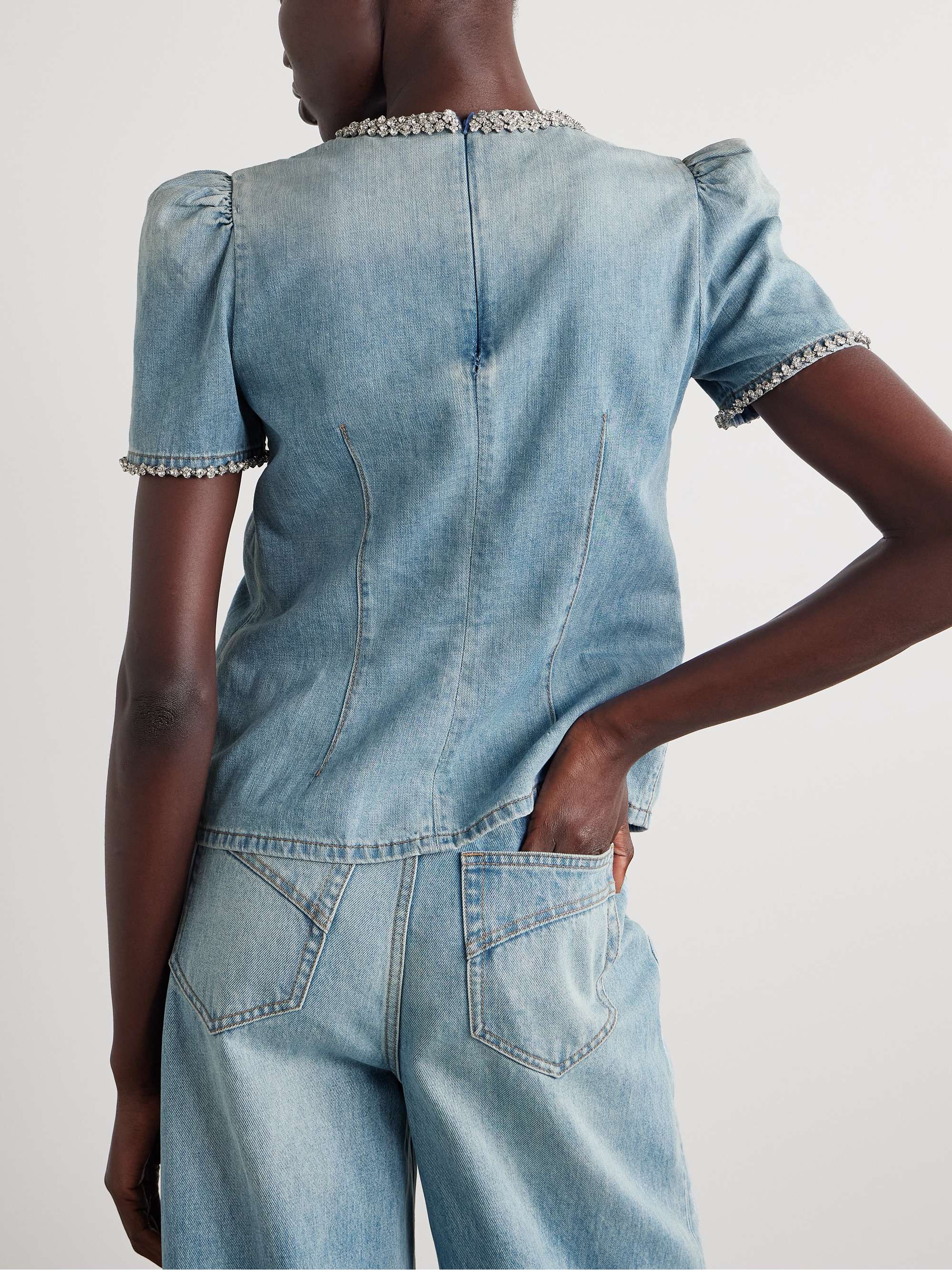 Crush crystal-embellished gathered denim top view