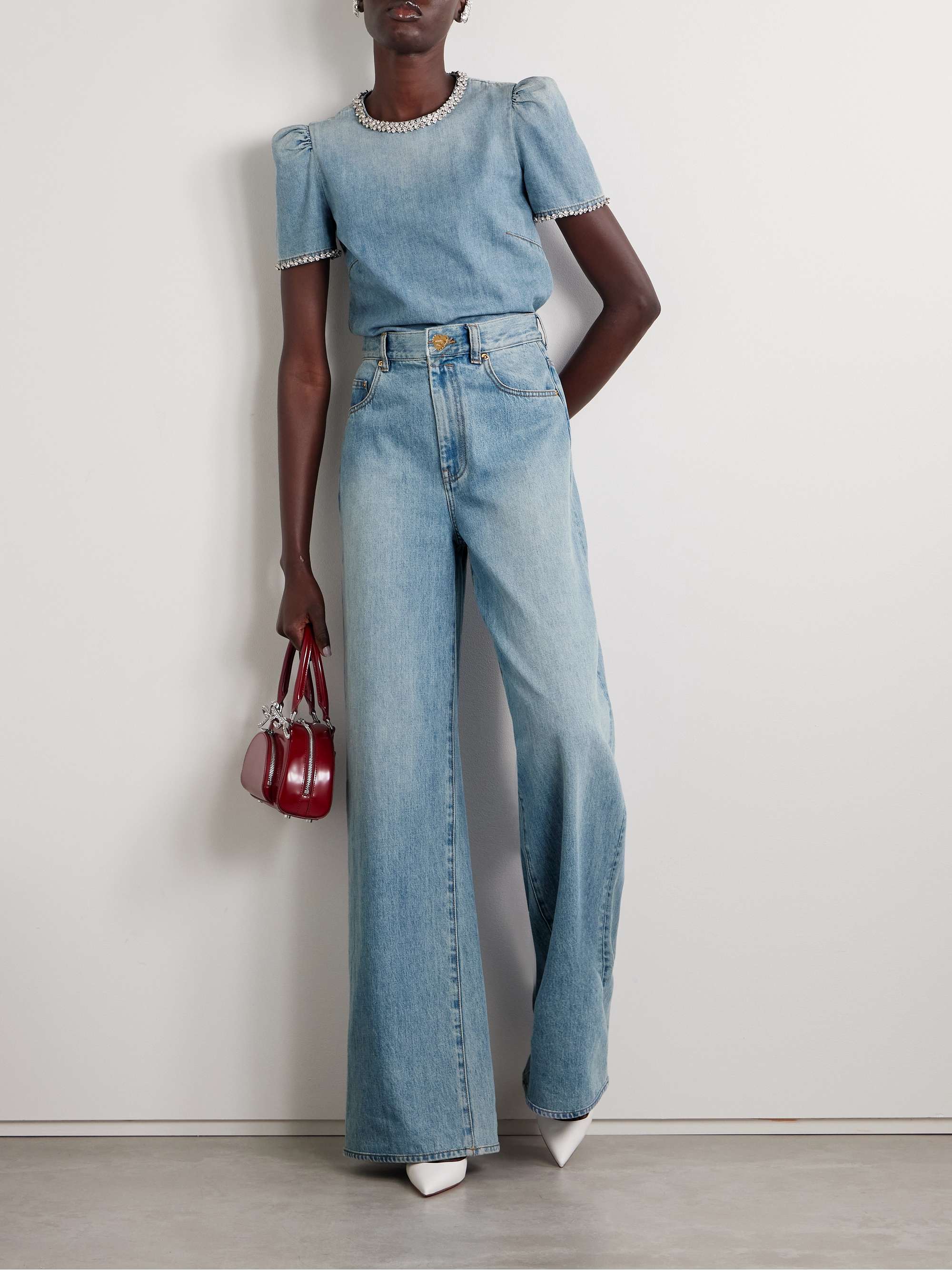 Crush crystal-embellished gathered denim top view