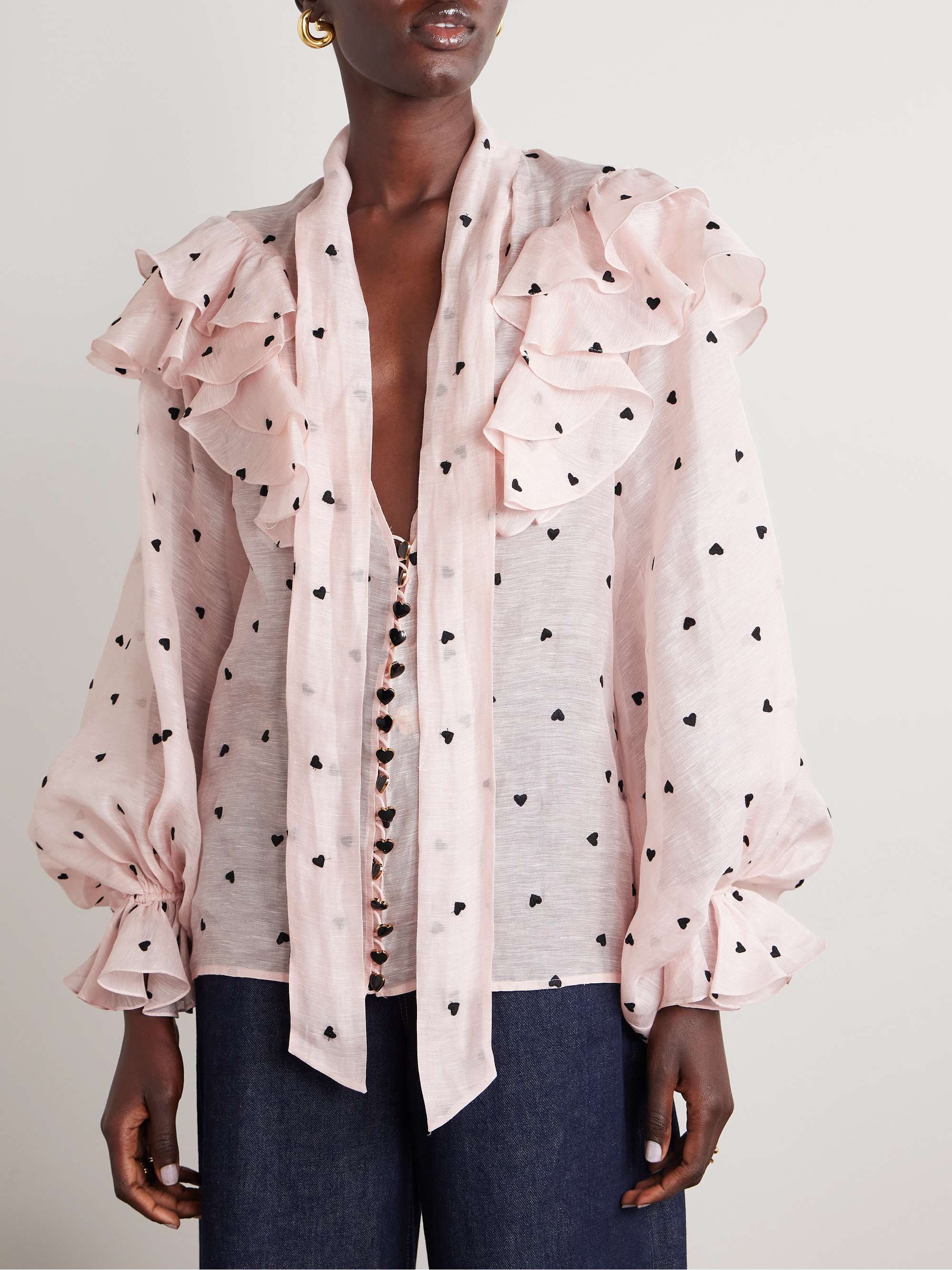 Crush ruffled embroidered linen and silk-blend organza blouse view