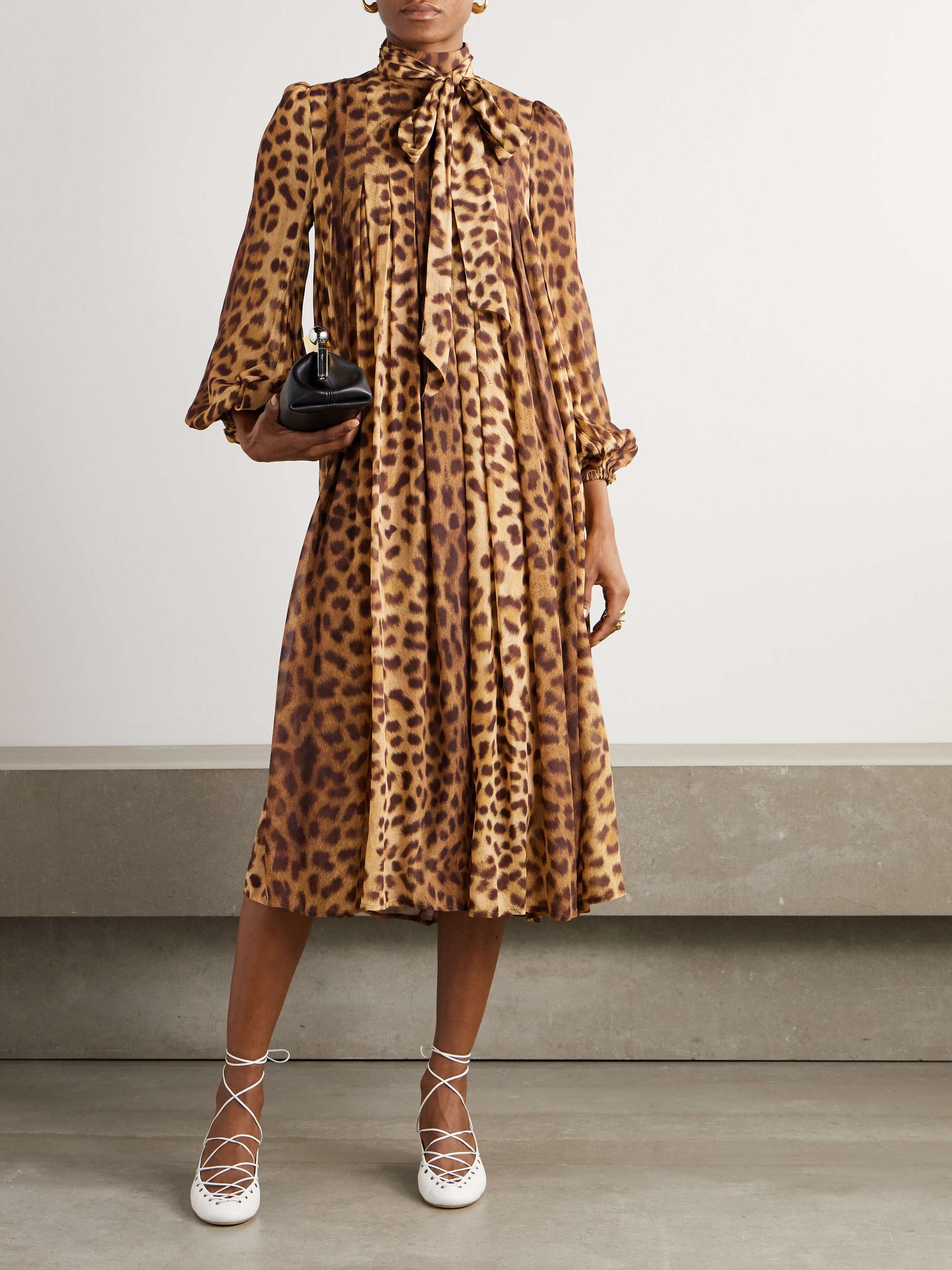 Crush tie-neck pleated leopard-print crepe de chine midi dress view
