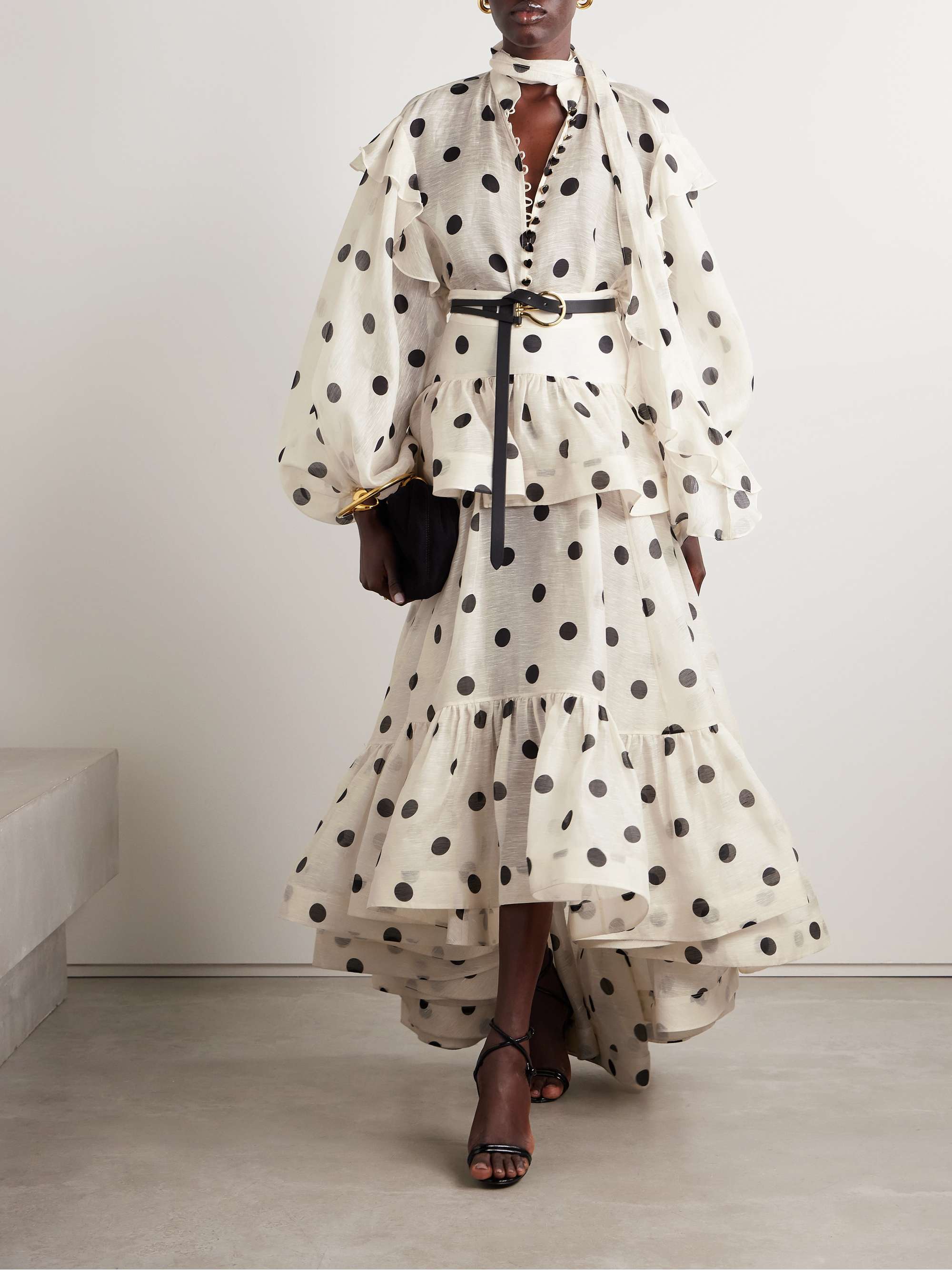 Crush ruffled polka-dot linen and silk-blend organza blouse view