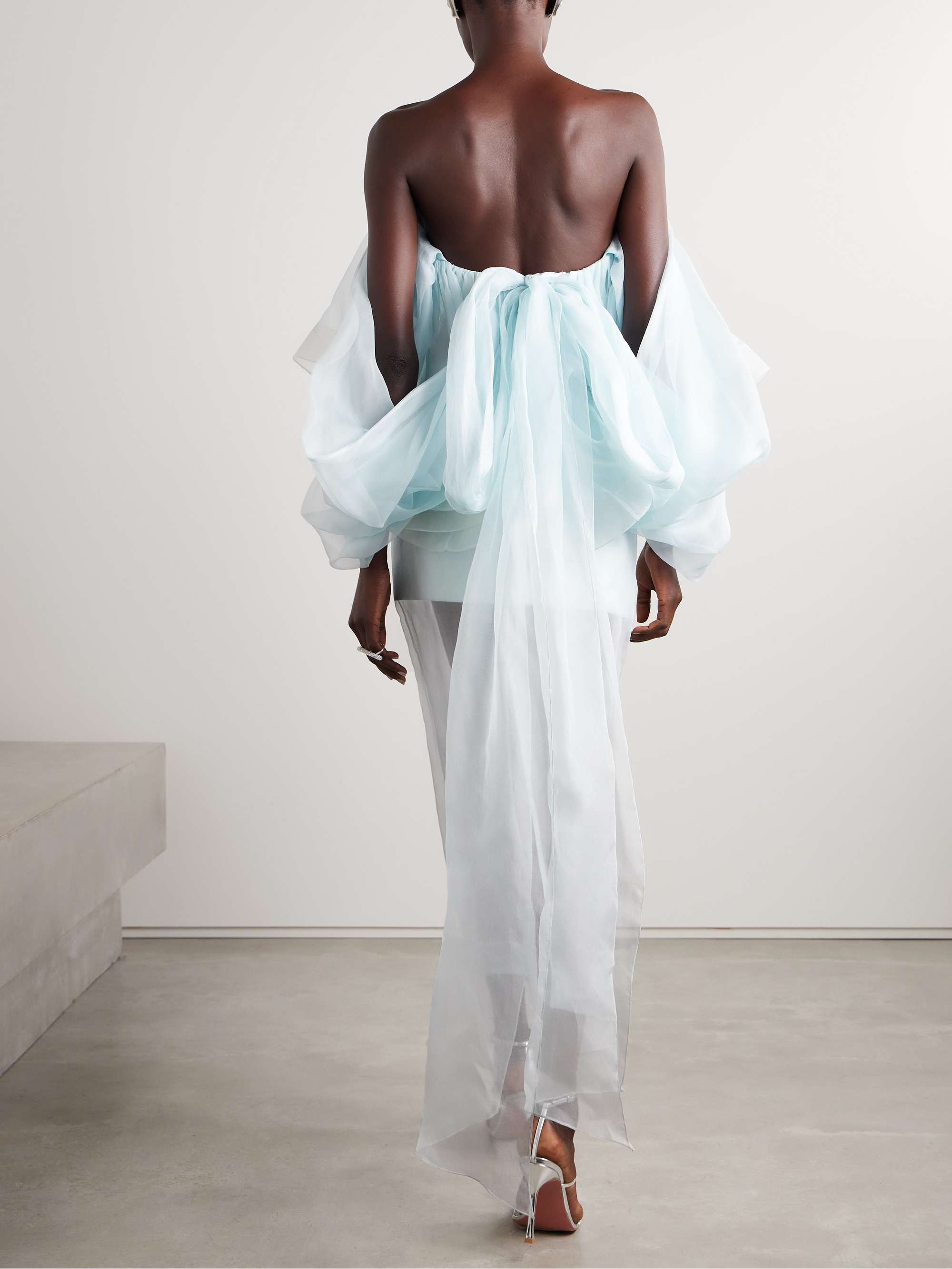 Crush strapless ruffled silk-organza top view