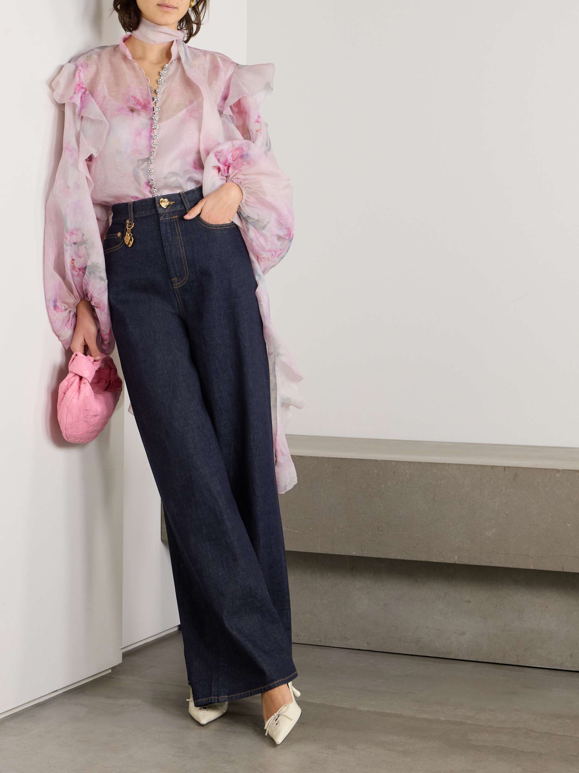 Crush tie-neck ruffled floral-print linen and silk-blend organza blouse view