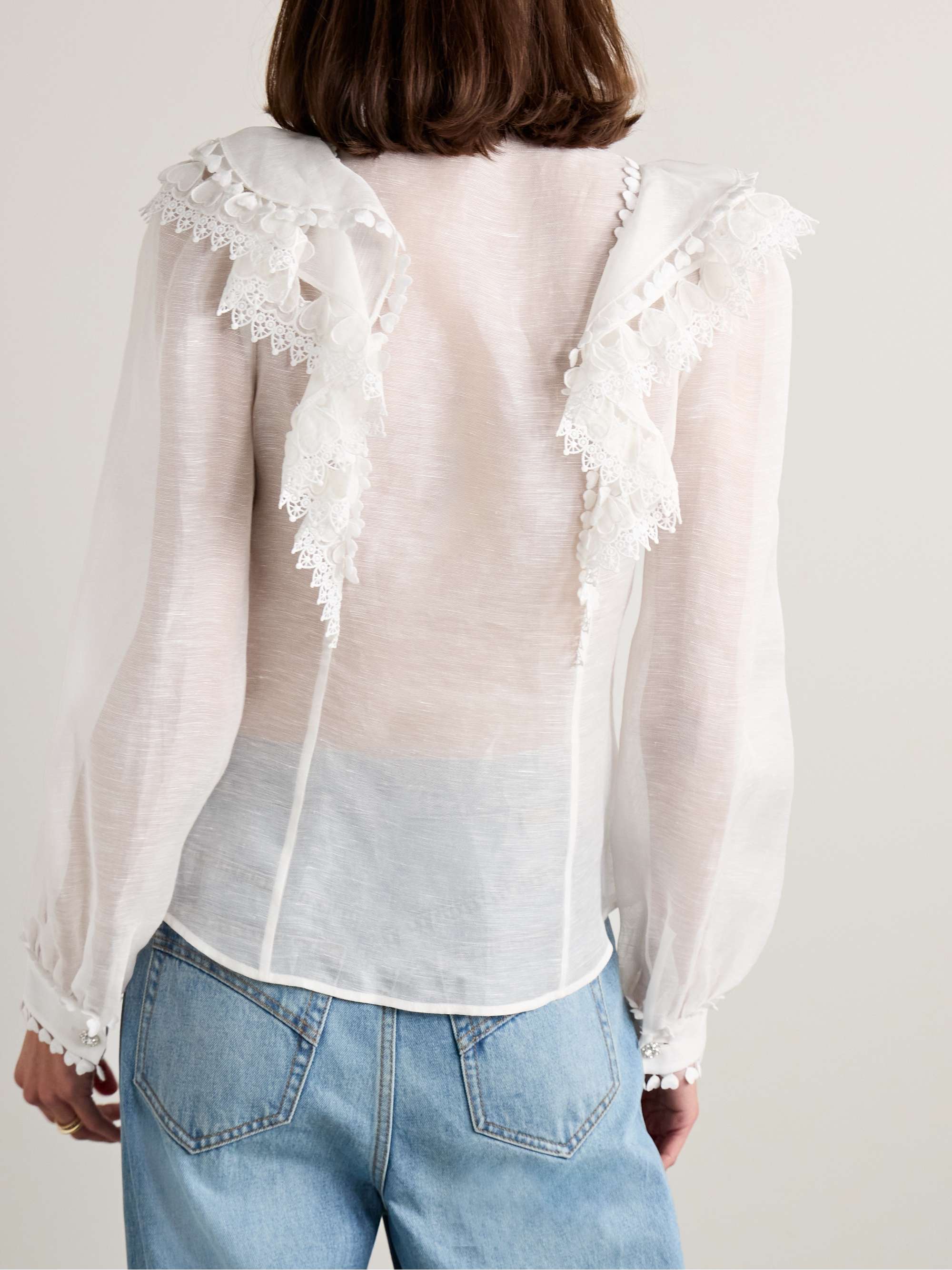 Crush crystal-embellished guipure lace-trimmed ruffled linen and silk-blend organza shirt view