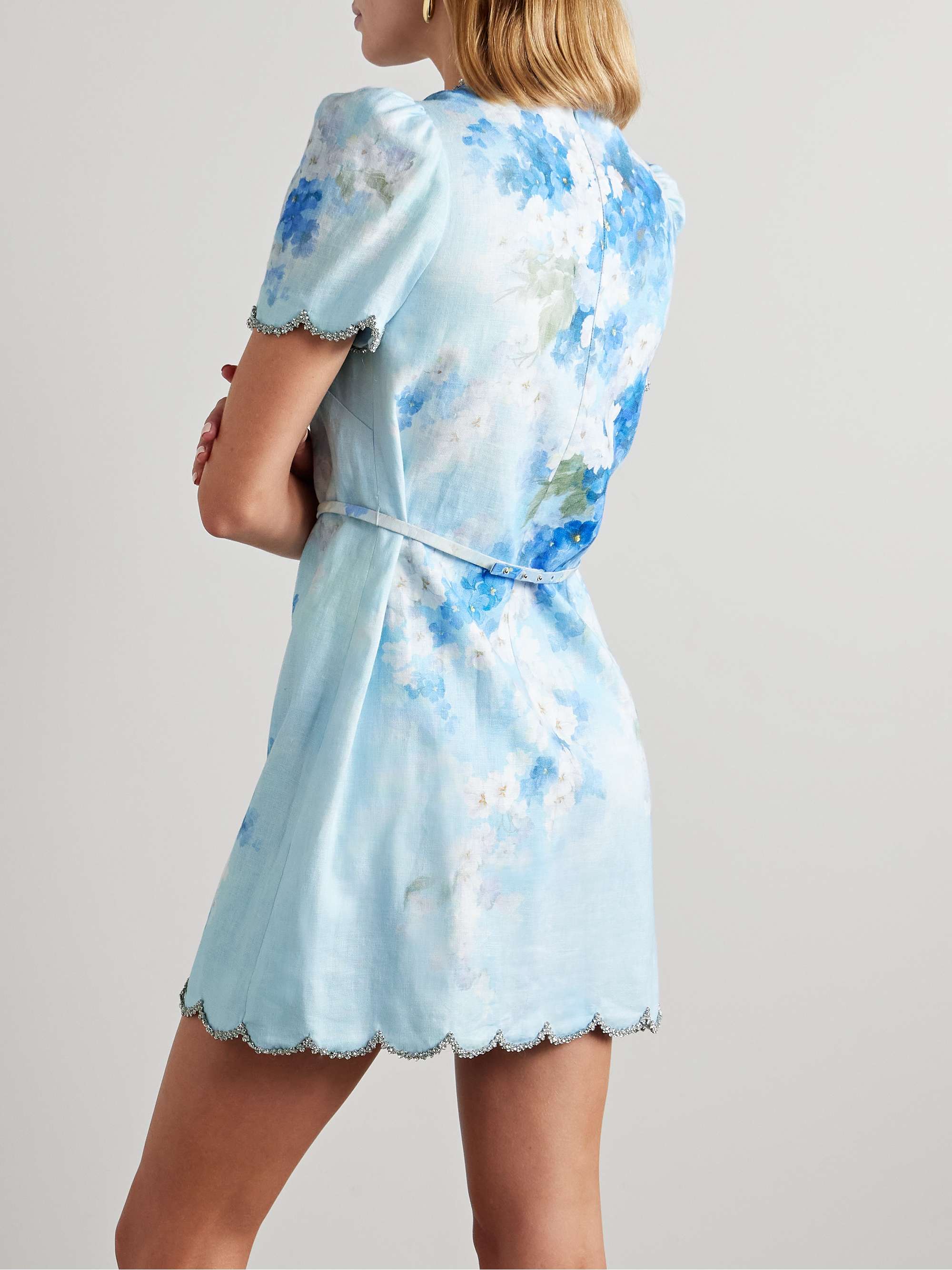 Crush belted crystal-embellished scalloped floral-print linen mini dress view