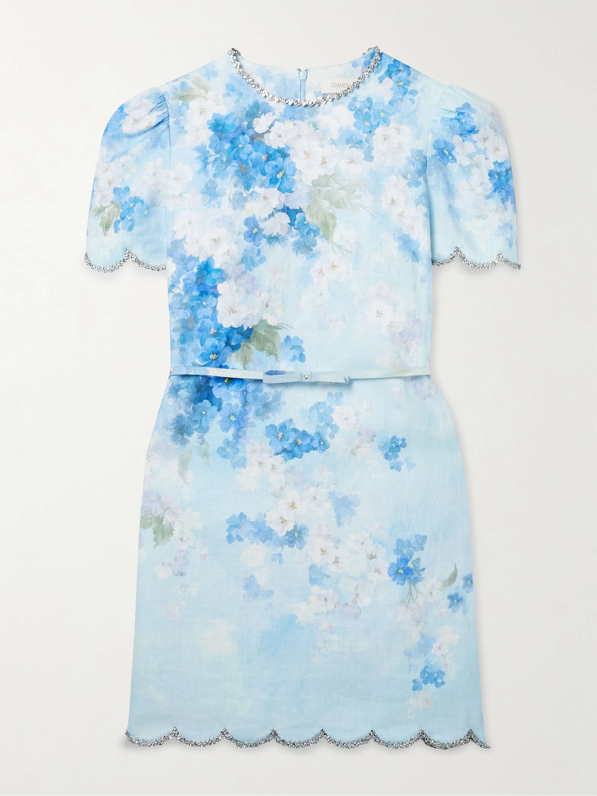 Crush belted crystal-embellished scalloped floral-print linen mini dress view