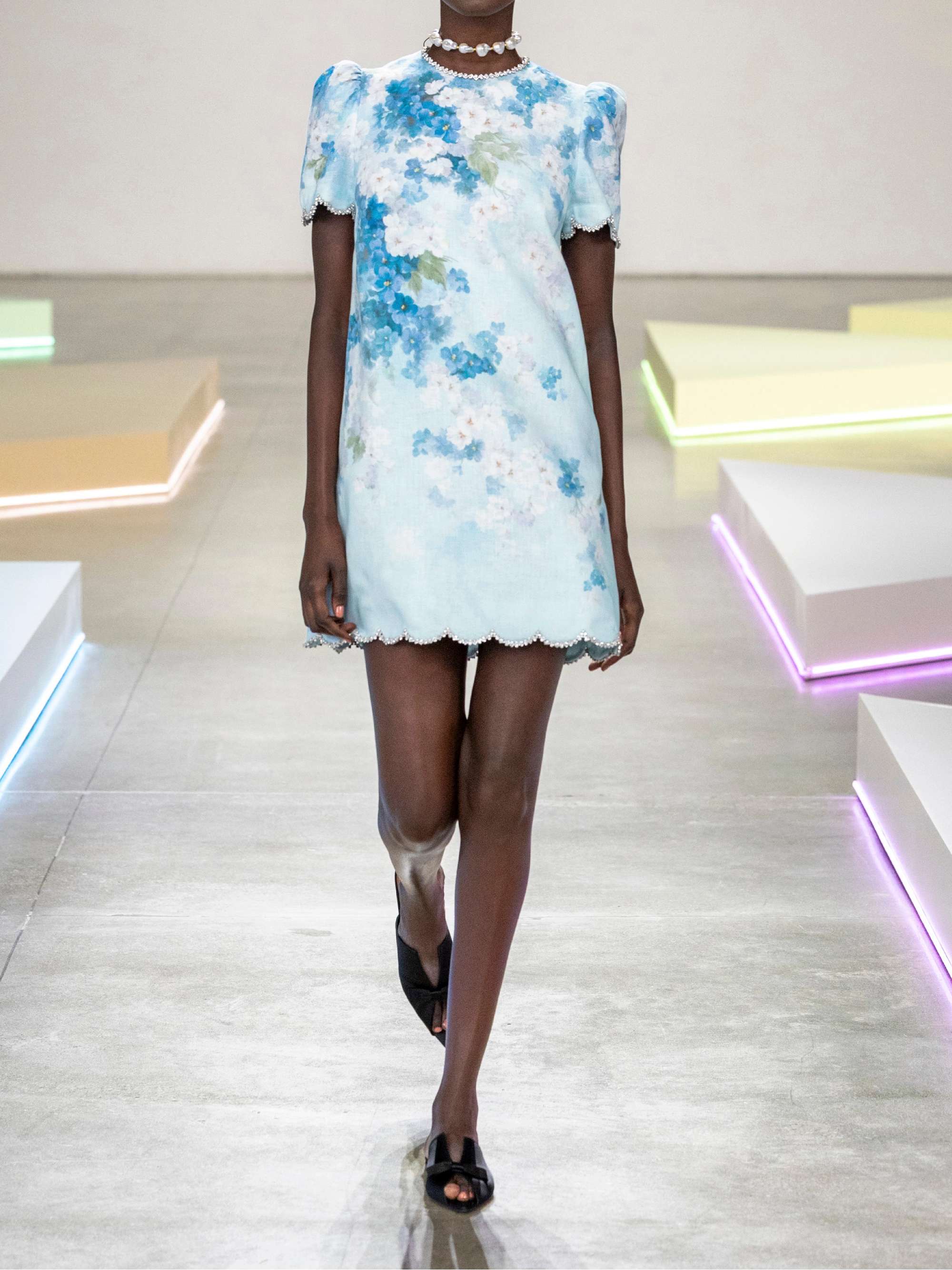 Crush belted crystal-embellished scalloped floral-print linen mini dress view