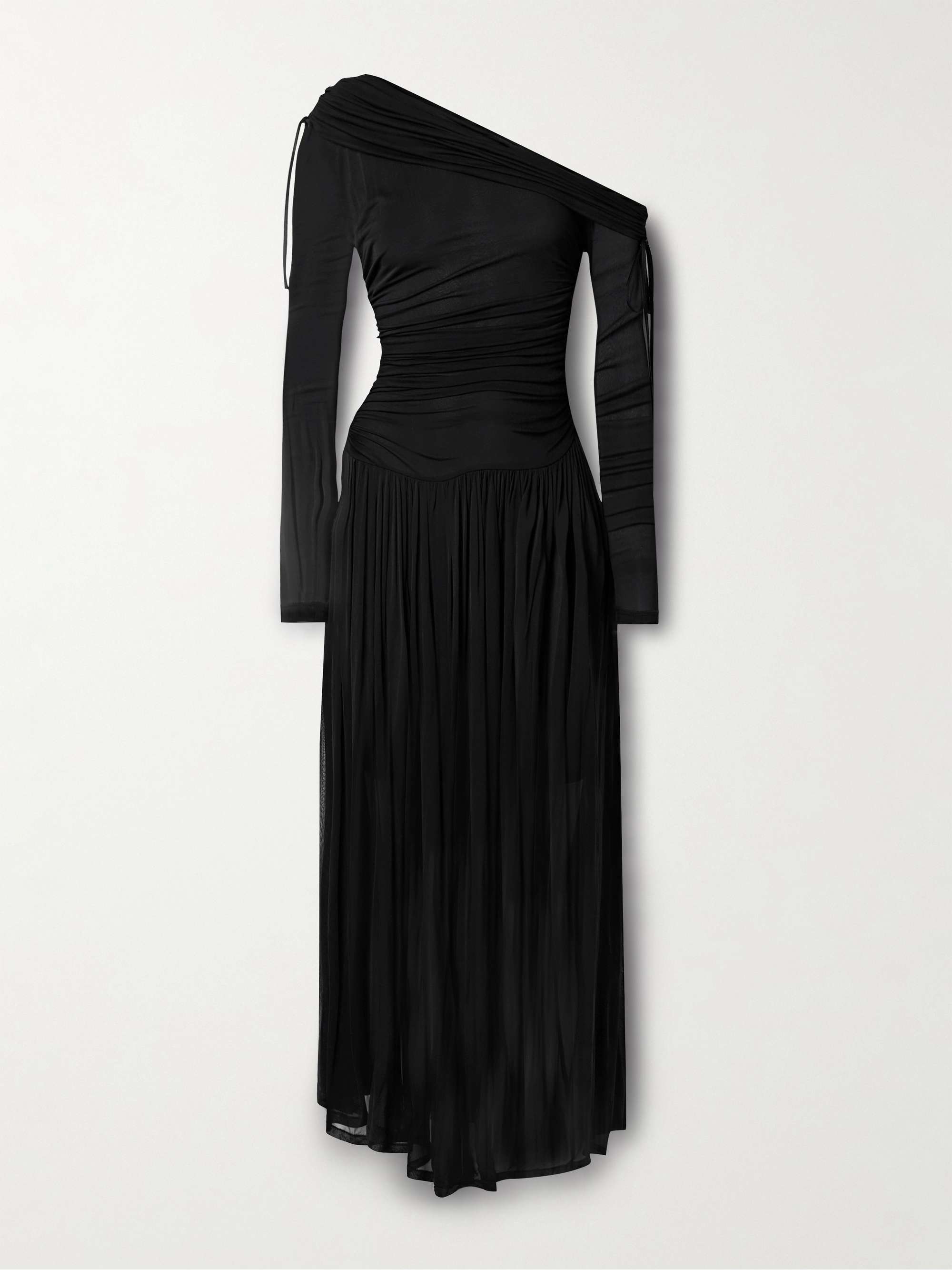 Crush off-the-shoulder tie-detailed gathered stretch-mesh maxi dress view