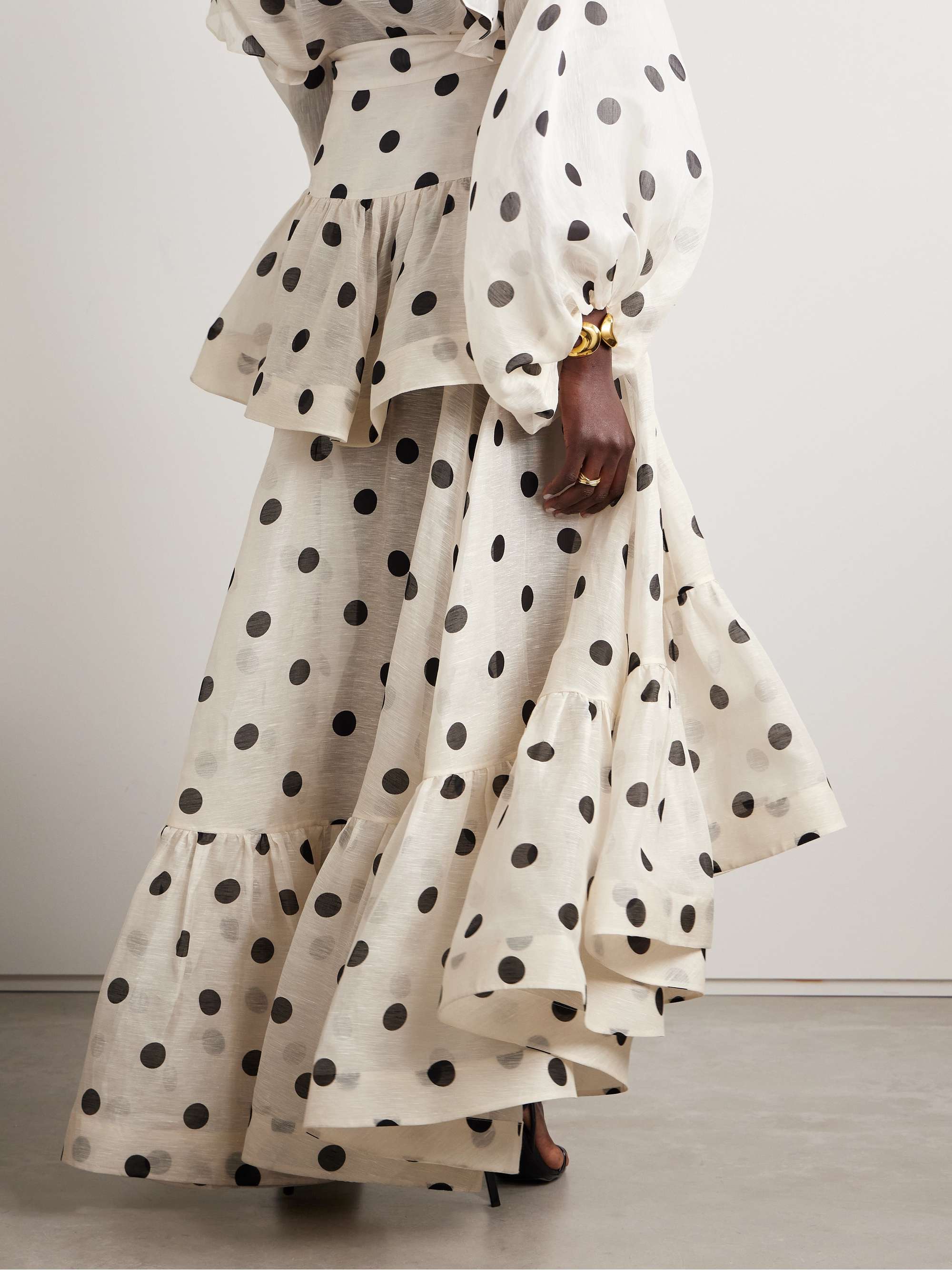 Crush tiered ruffled polka-dot linen and silk-blend organza maxi skirt view