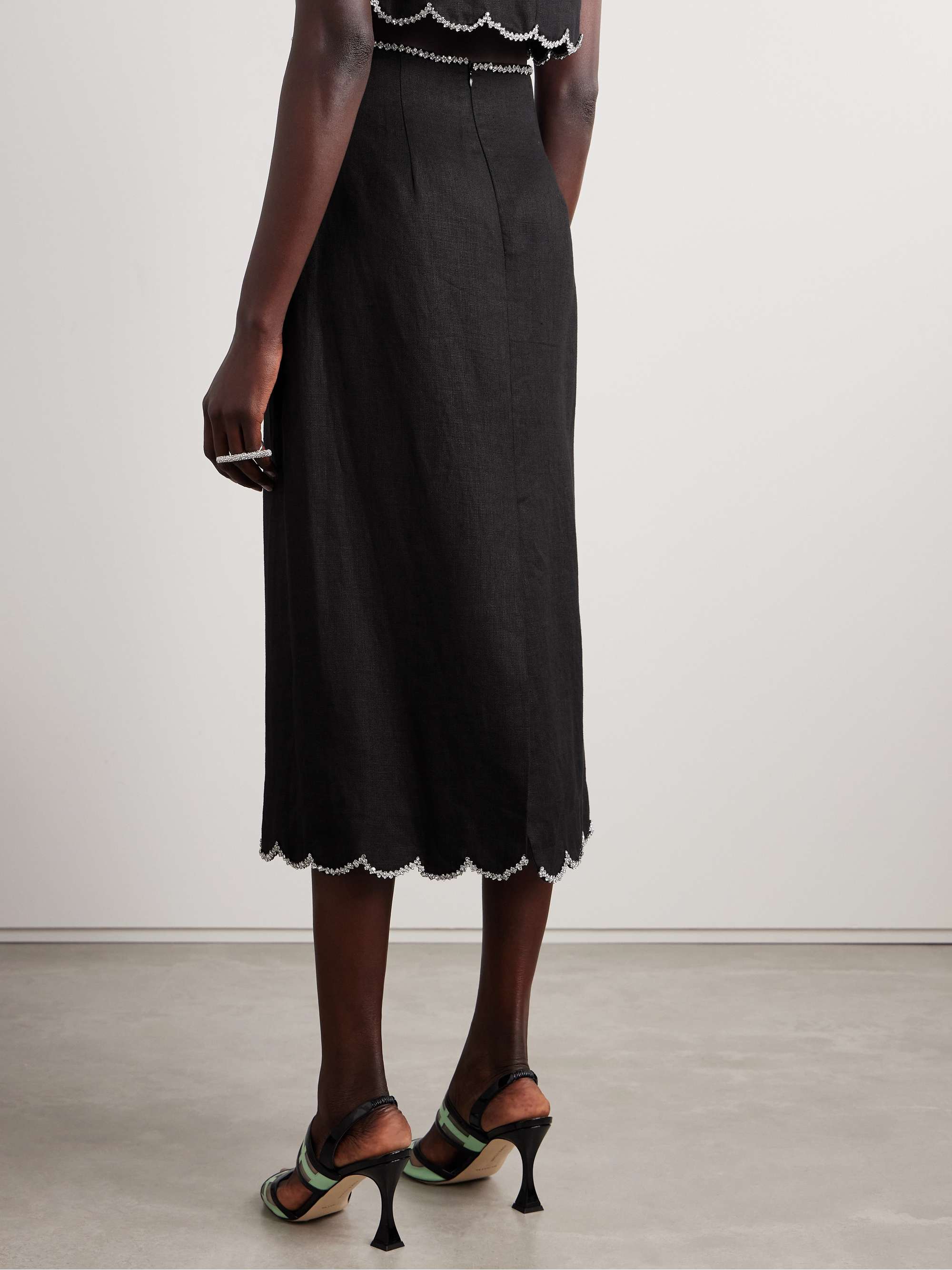 Crush crystal-embellished scalloped linen midi skirt view