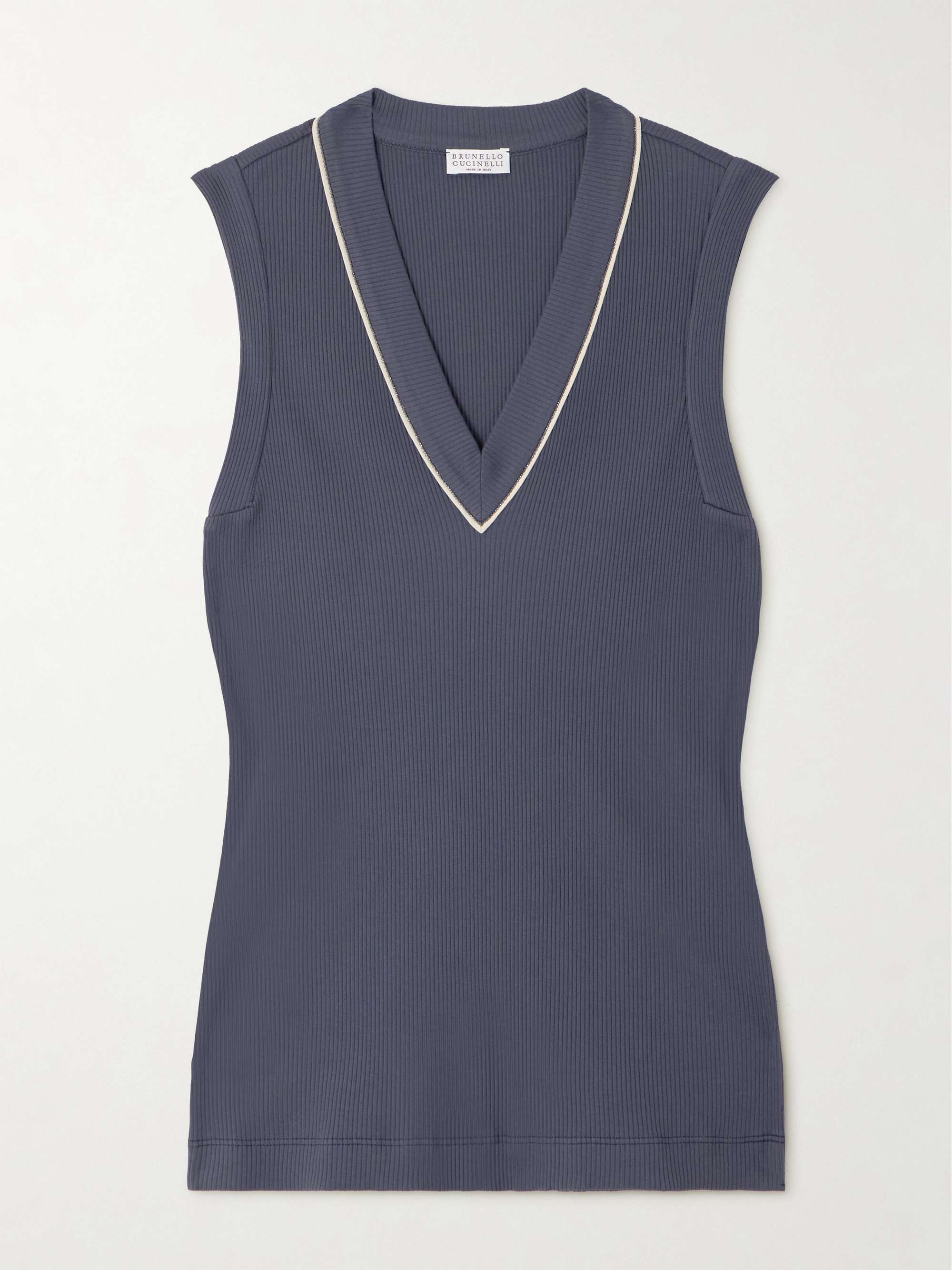 Bead-embellished ribbed cotton-blend tank view