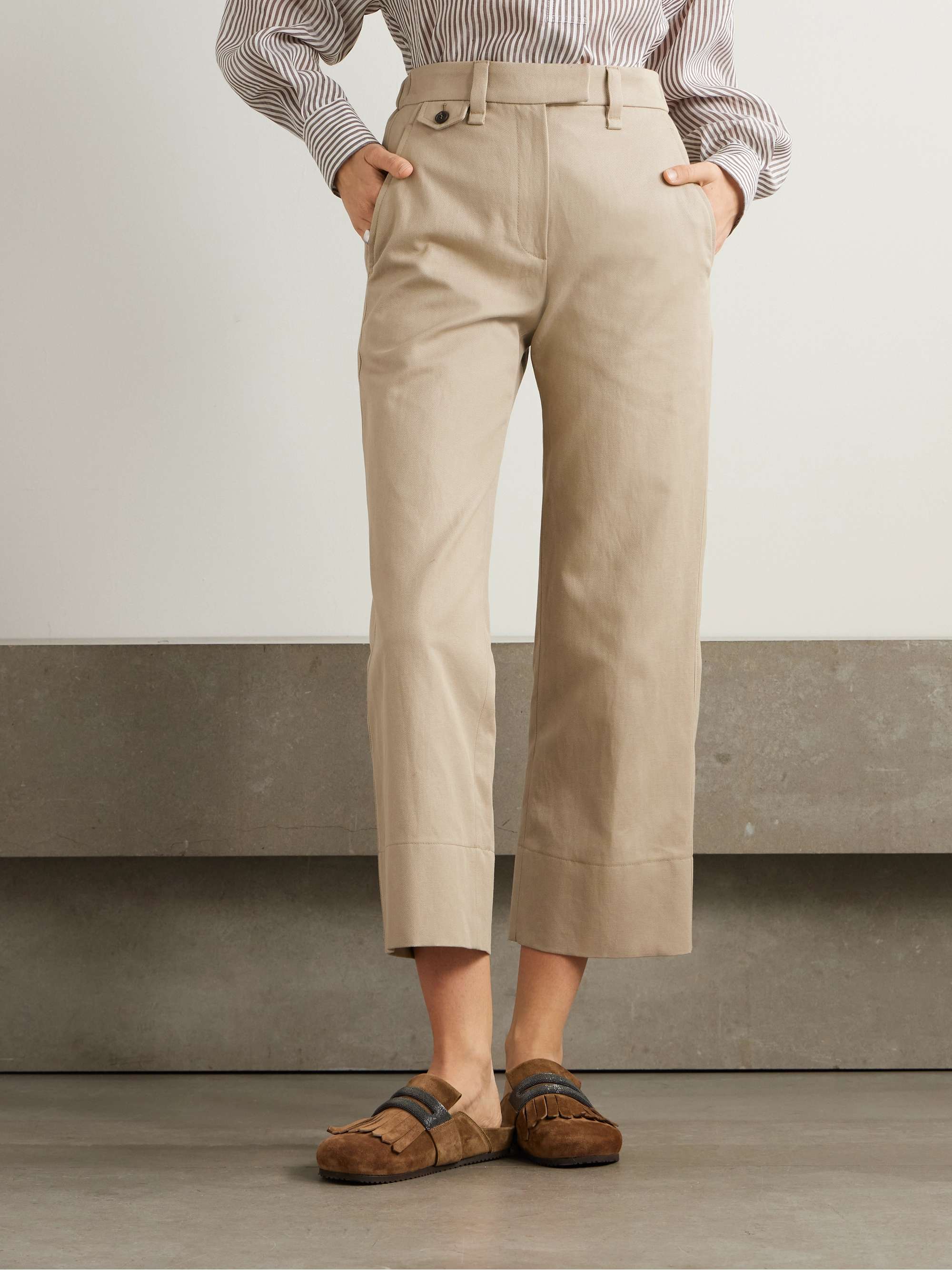 Bead-embellished cropped cotton and linen-blend twill straight-leg pants view