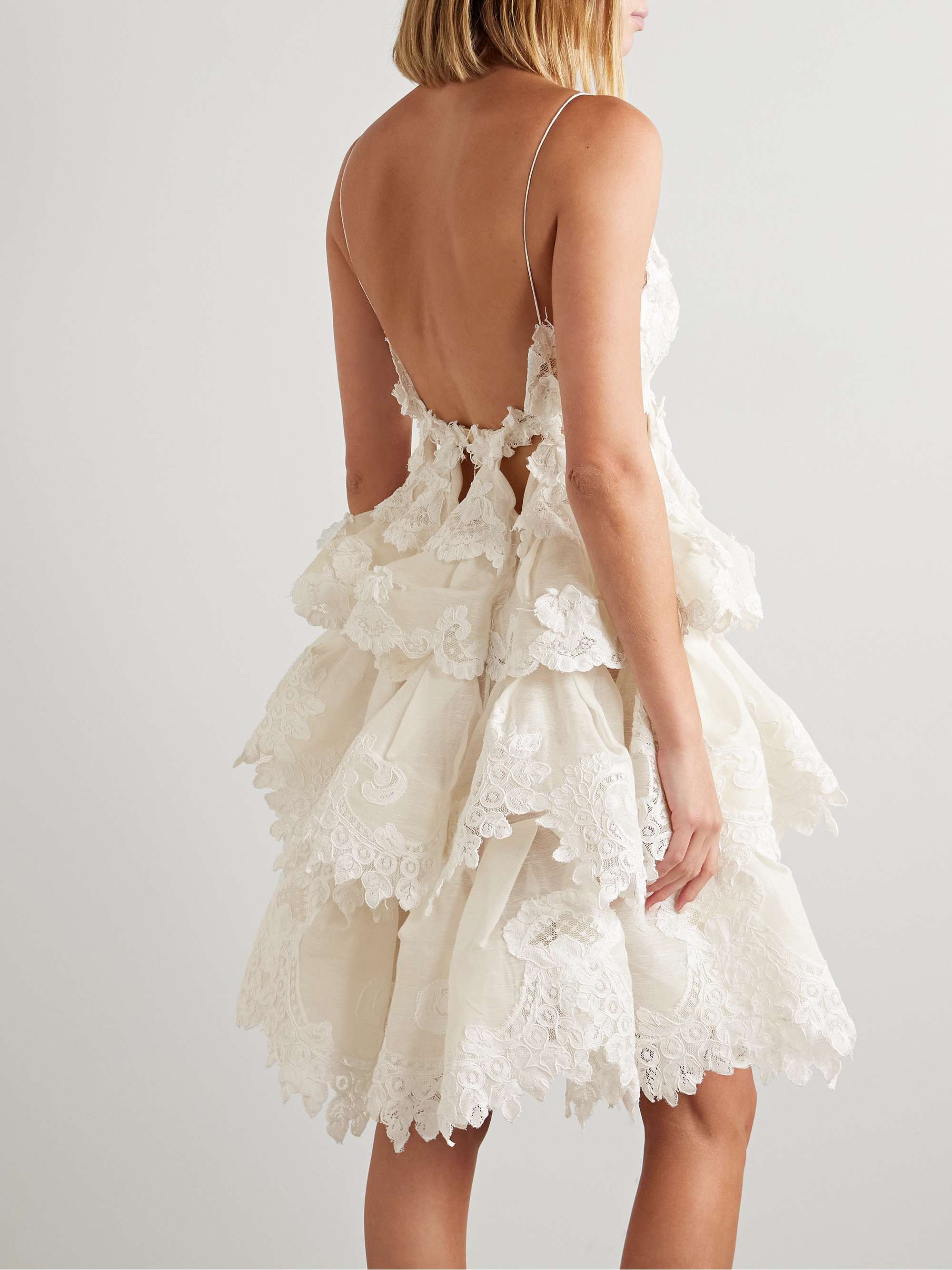Crush tiered ruffled lace-trimmed linen and silk-blend mini dress view