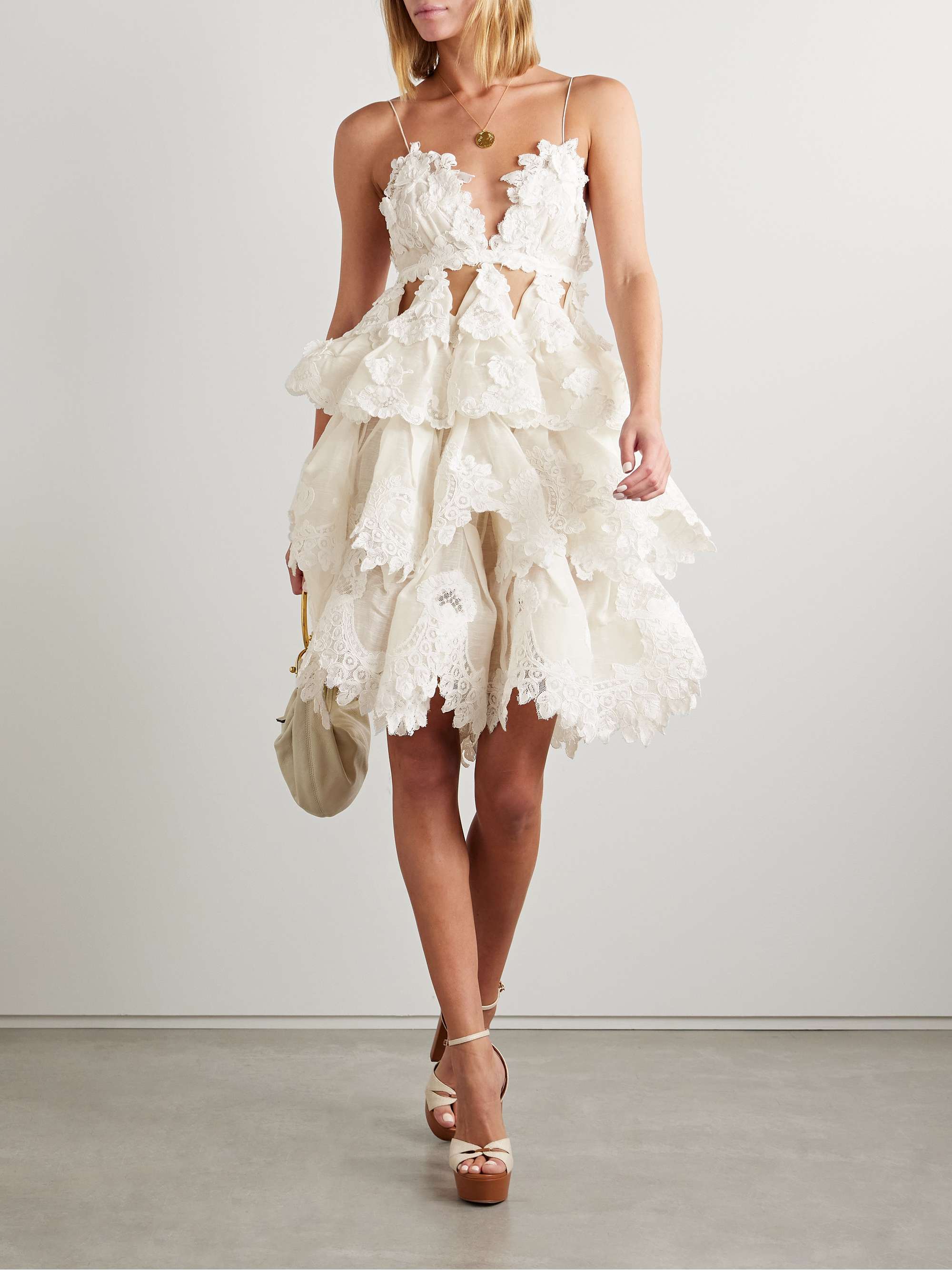 Crush tiered ruffled lace-trimmed linen and silk-blend mini dress view