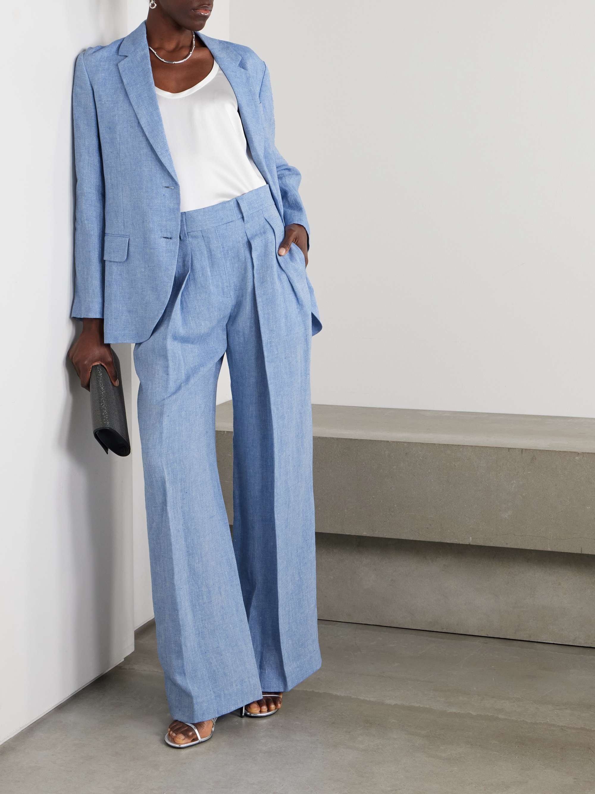Pleated linen-blend wide-leg pants view
