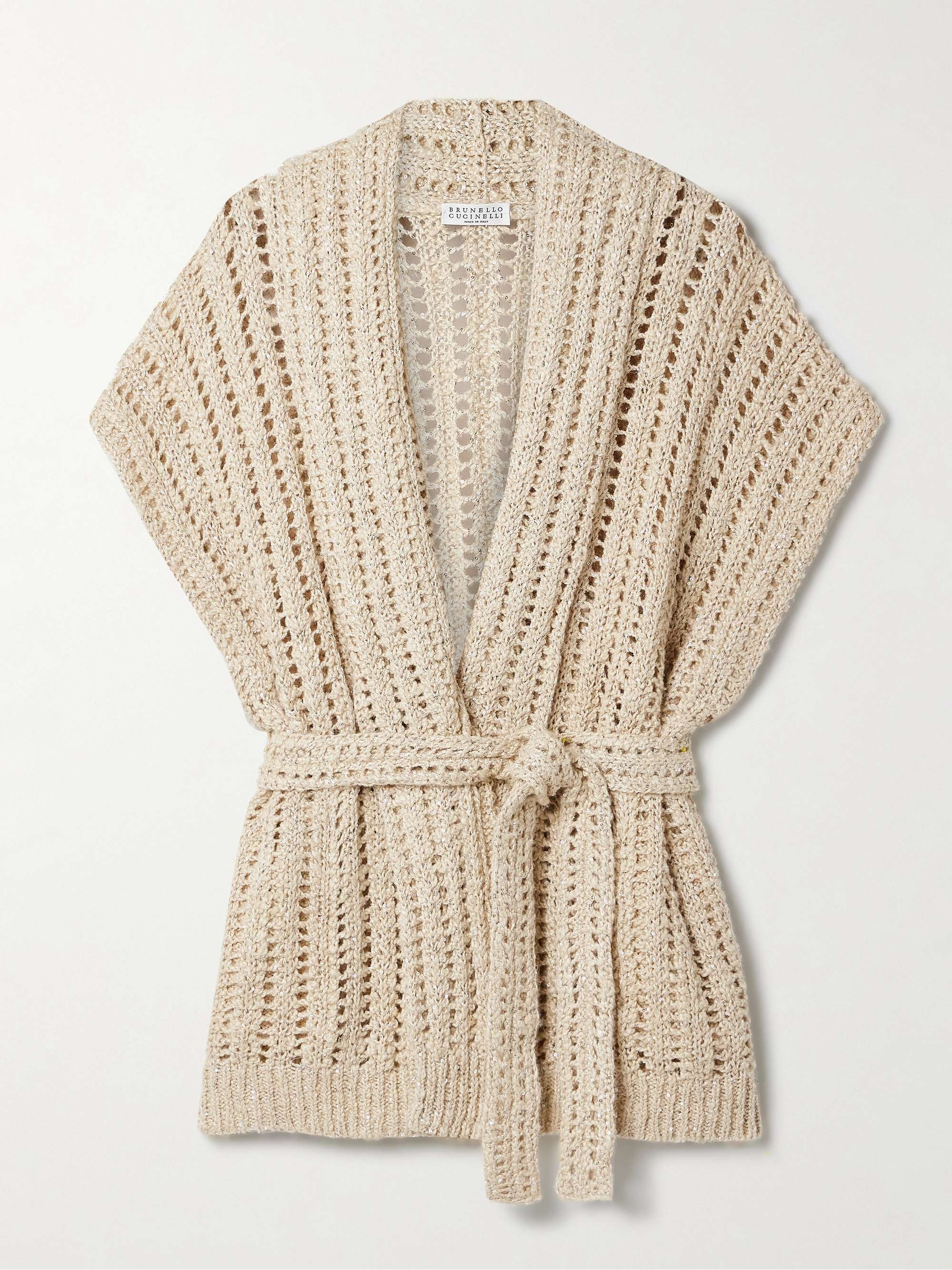 Belted sequined open-knit cardigan view