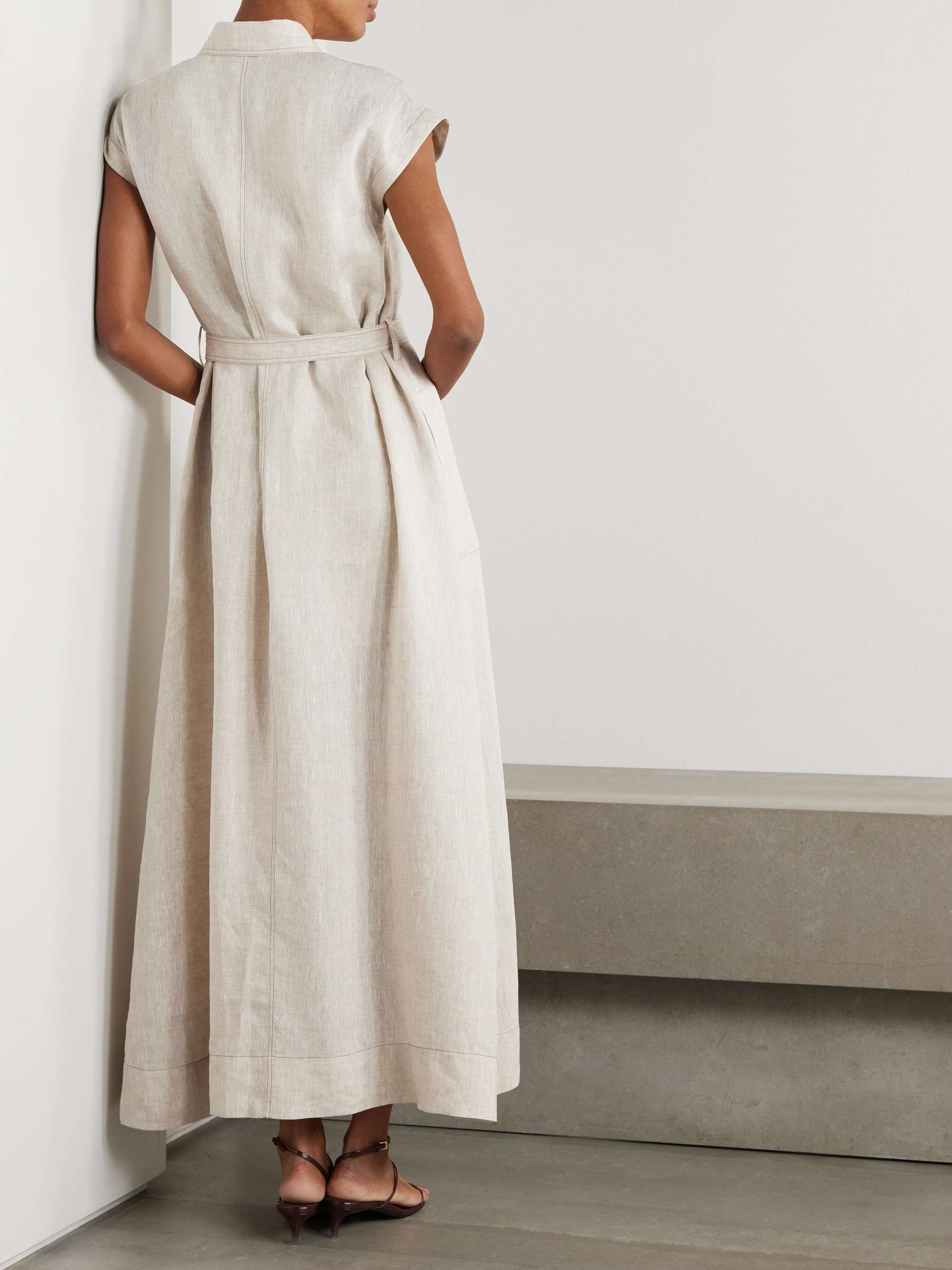 Belted bead-embellished linen midi dress view