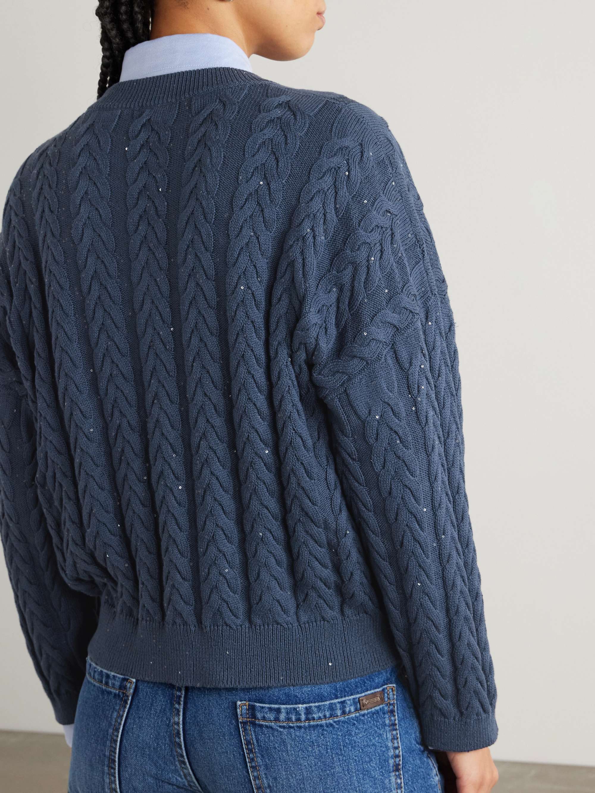 Sequin-embellished cable-knit cotton-blend sweater view