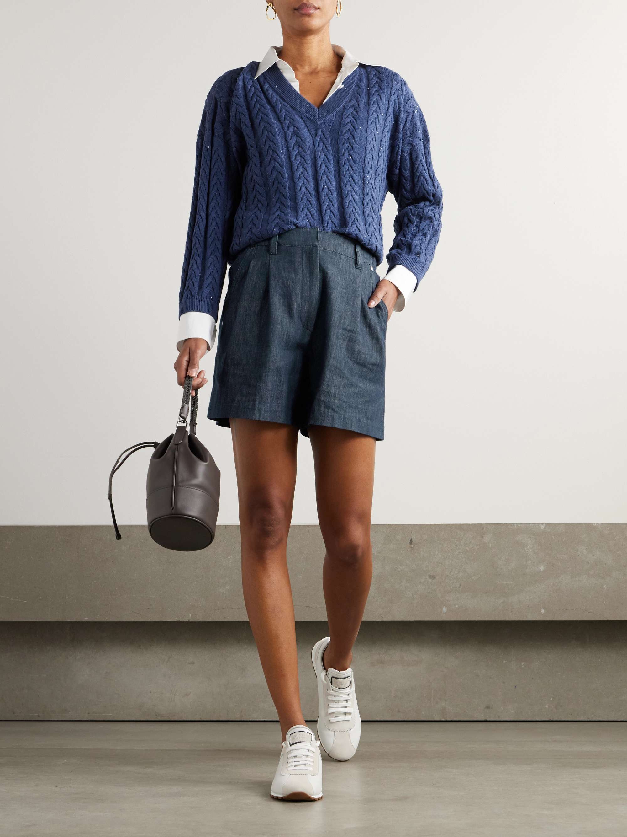 Pleated denim shorts view