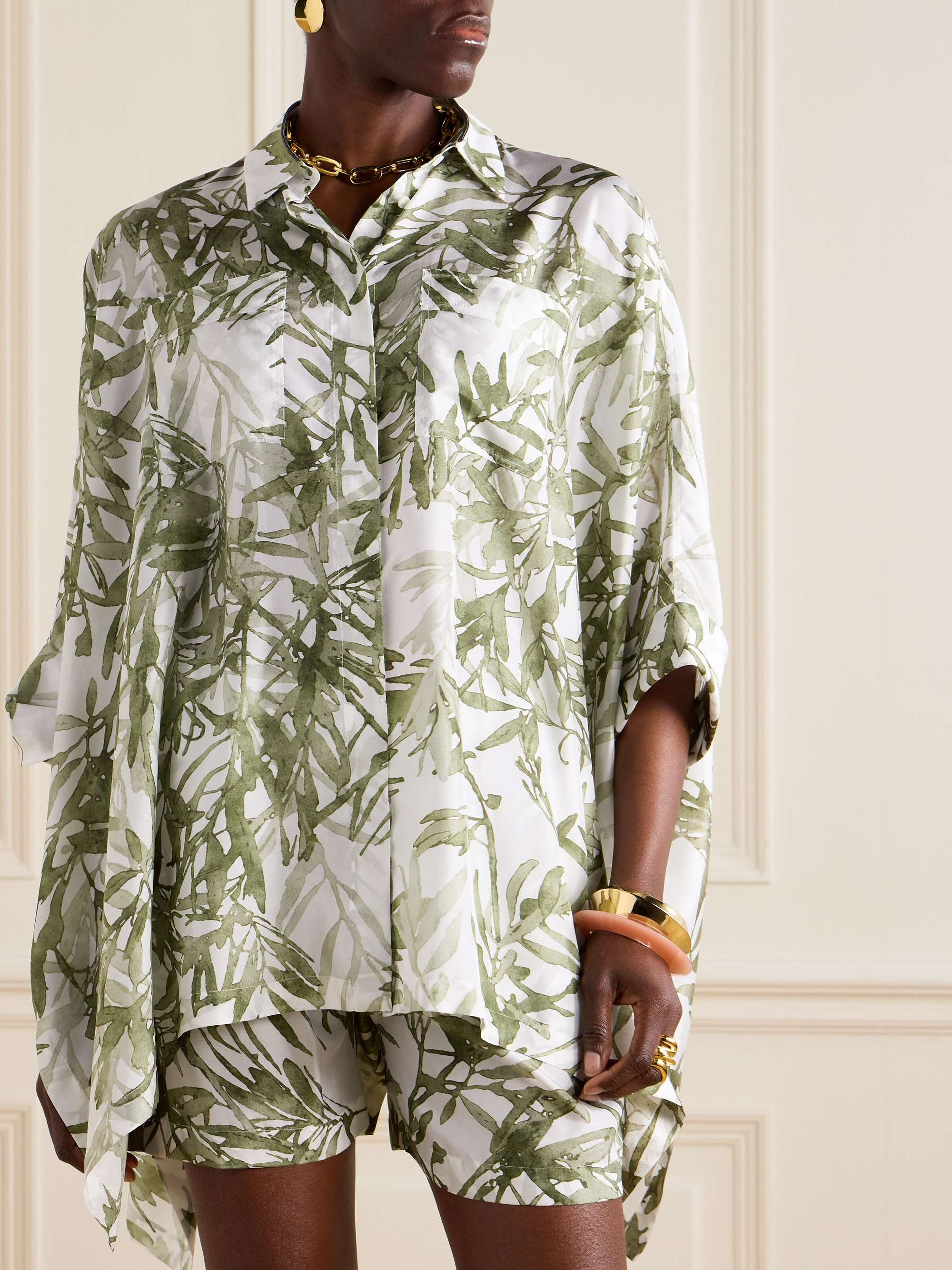 Asymmetric printed silk-twill shirt view