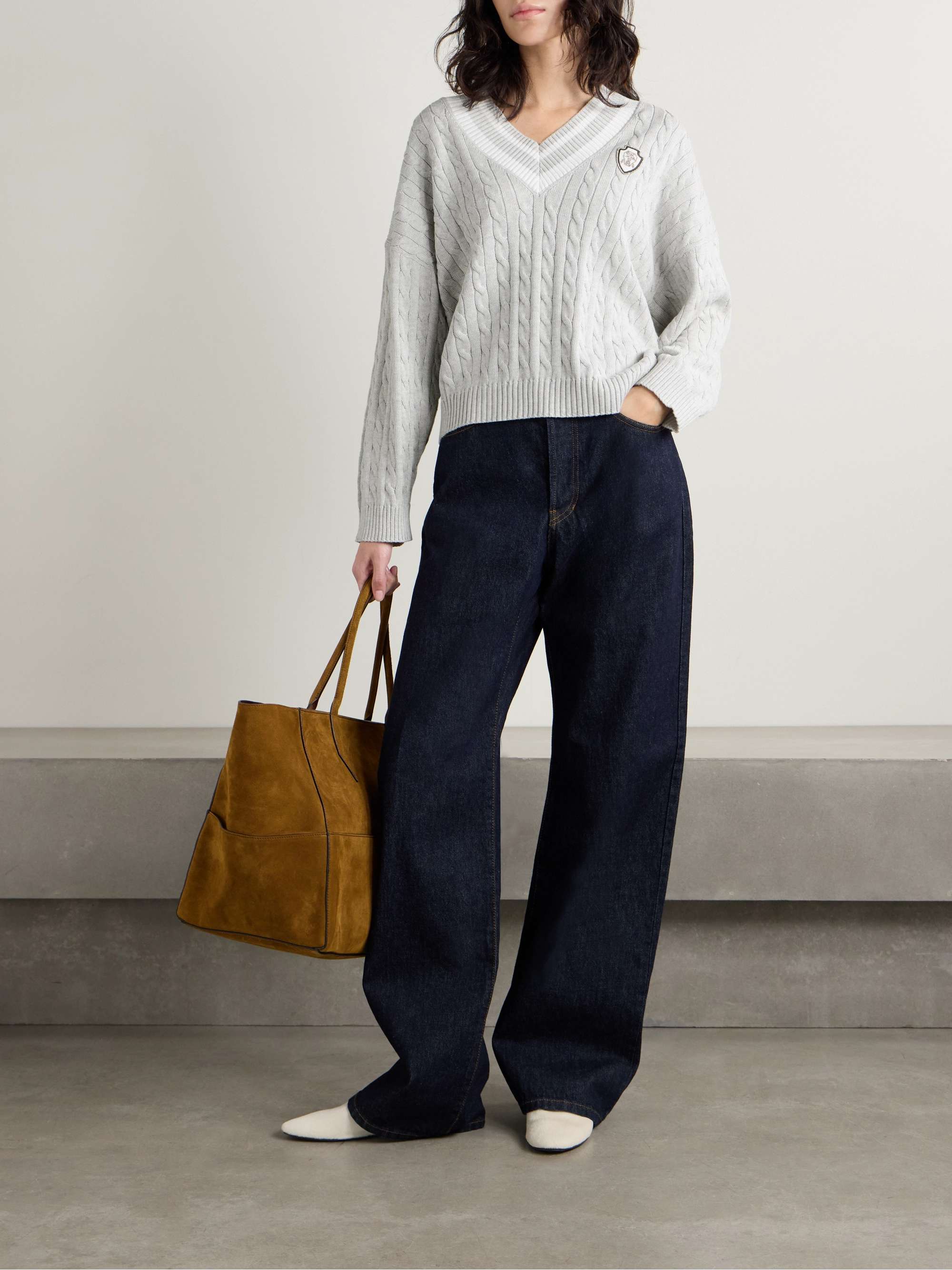 Oversized appliquéd cable-knit cotton sweater view