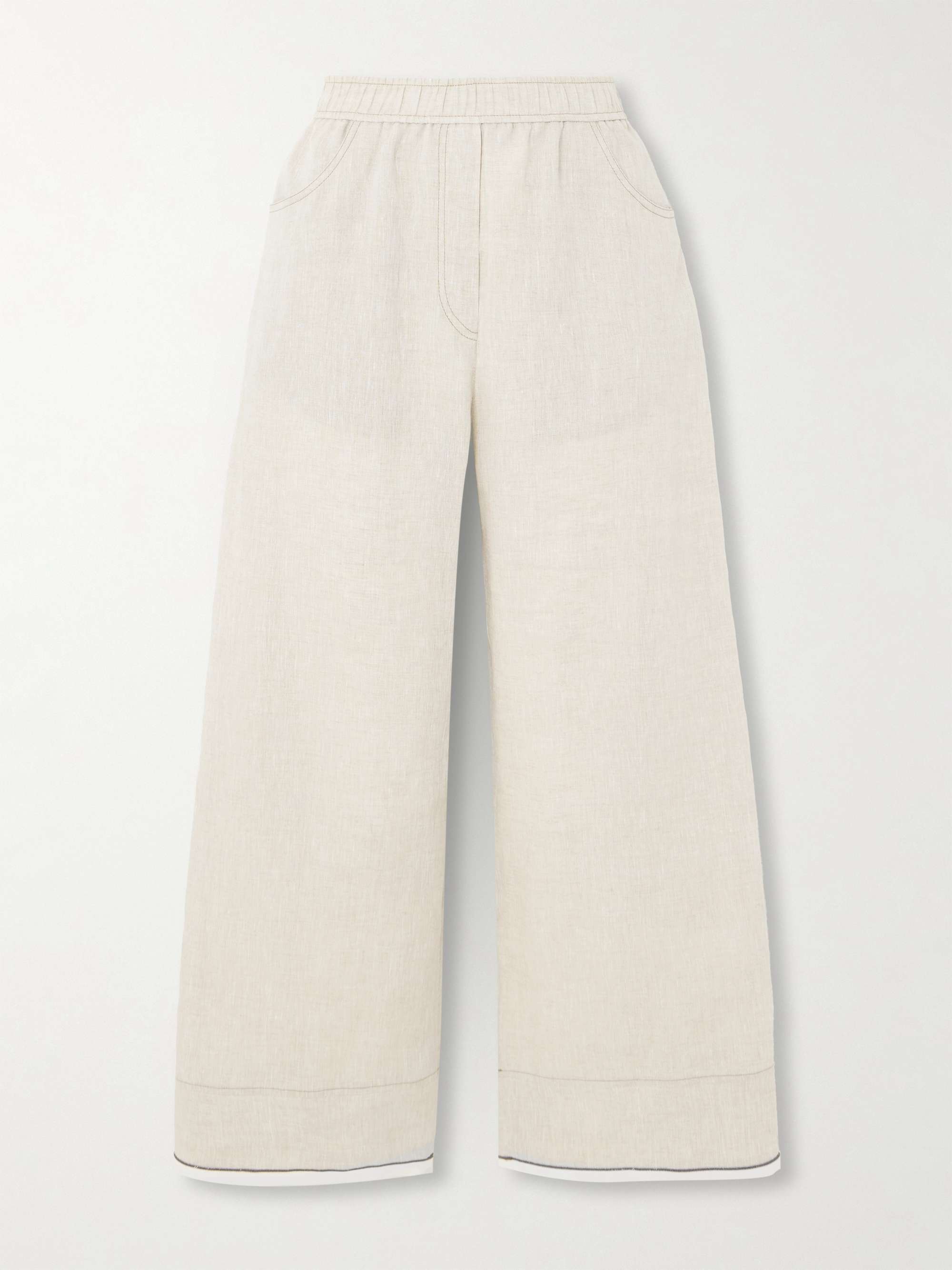 Cropped bead-embellished linen wide-leg pants view