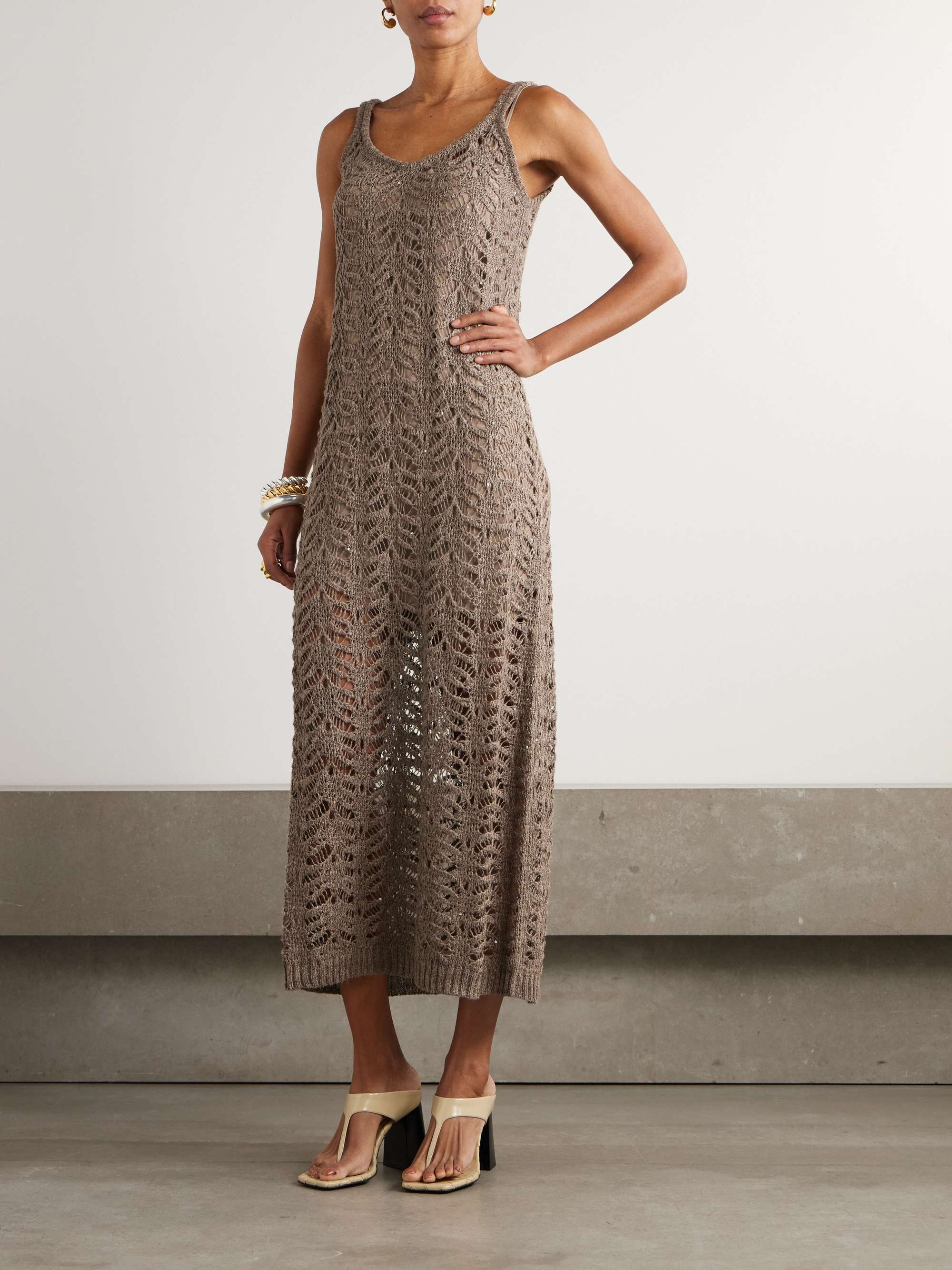 Sequin-embellished open-knit linen-blend midi dress view