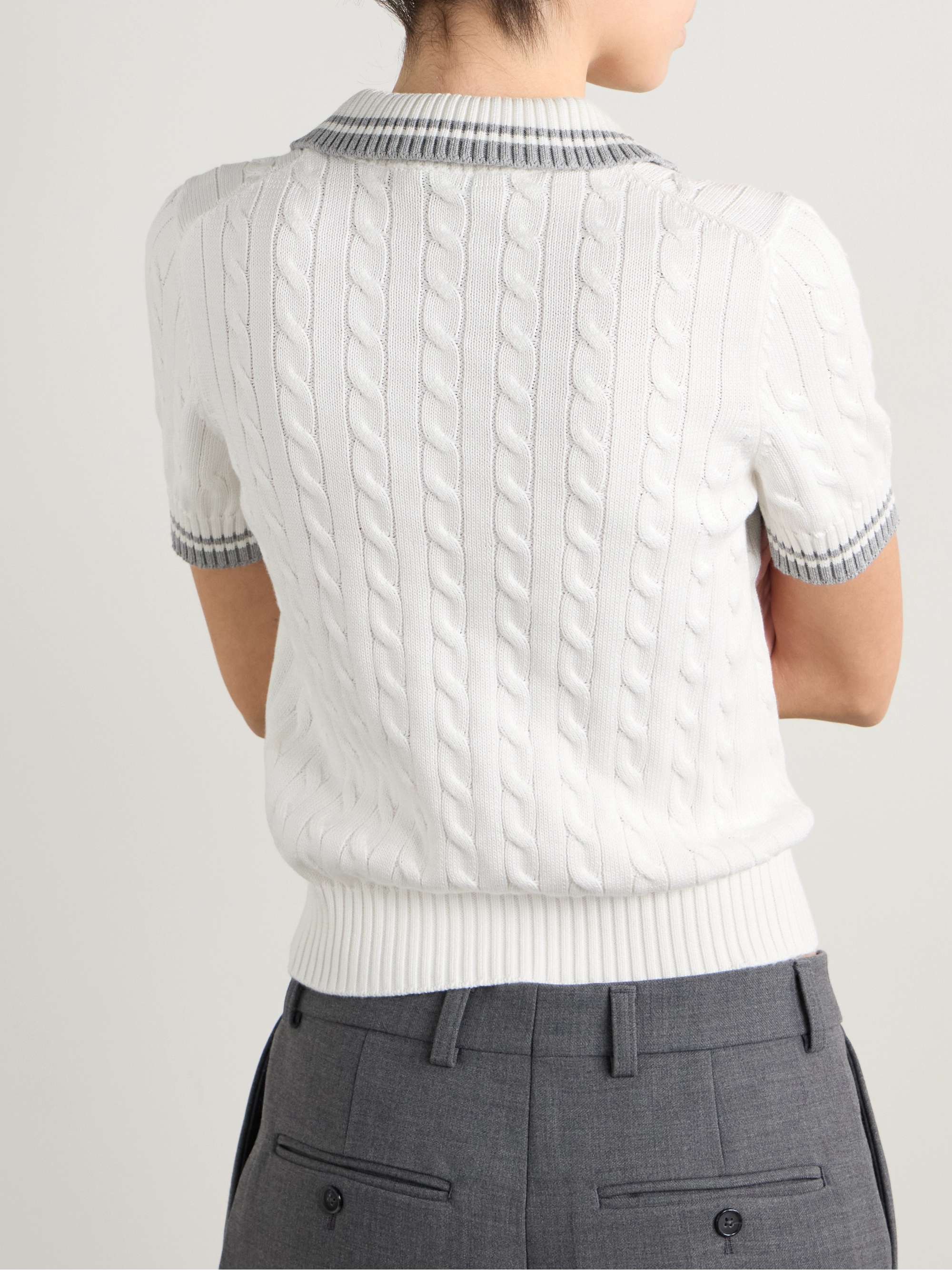 Appliquéd cable-knit cotton polo sweater view